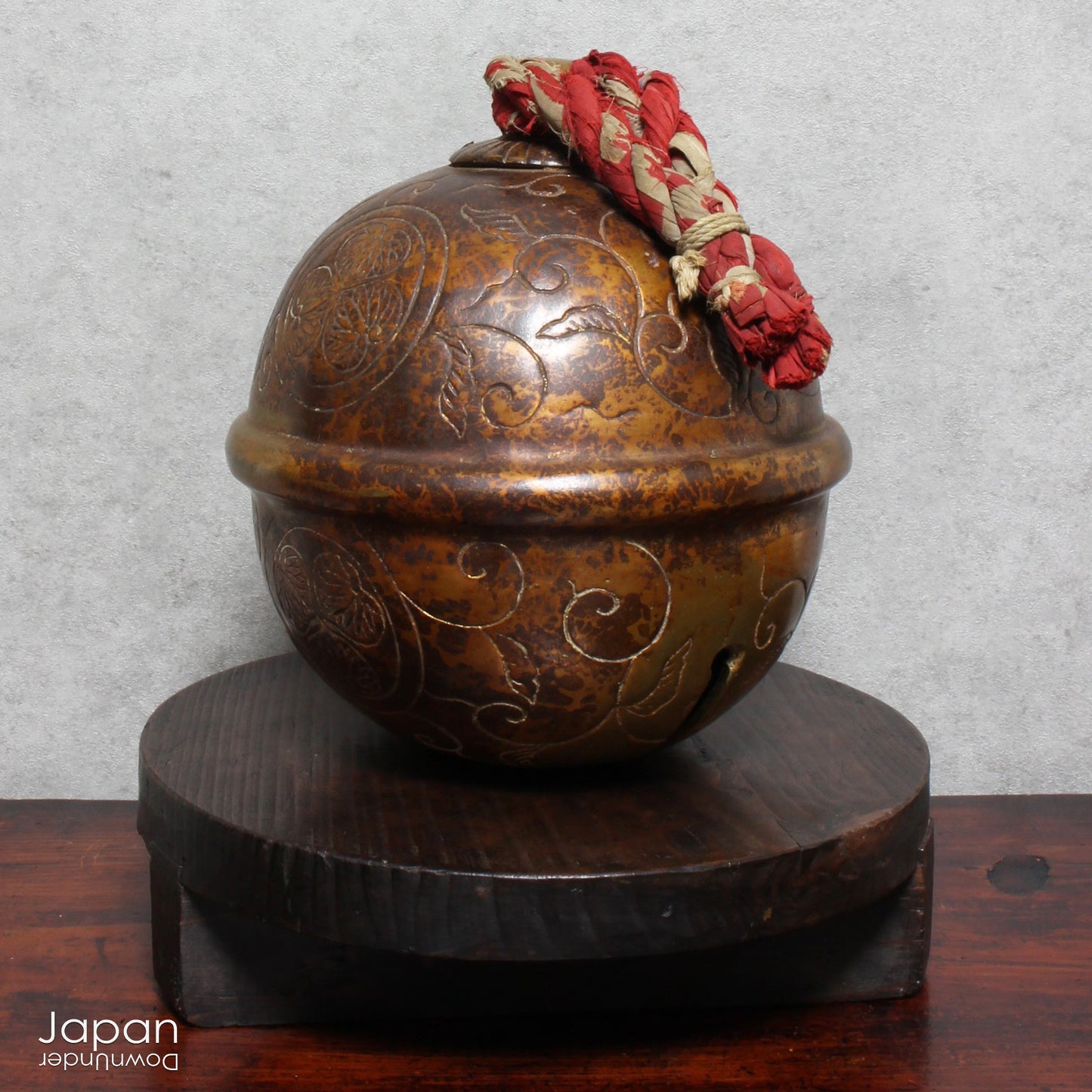 japanese antique decorative bronze bell with floral art - shinto shrine protection charm