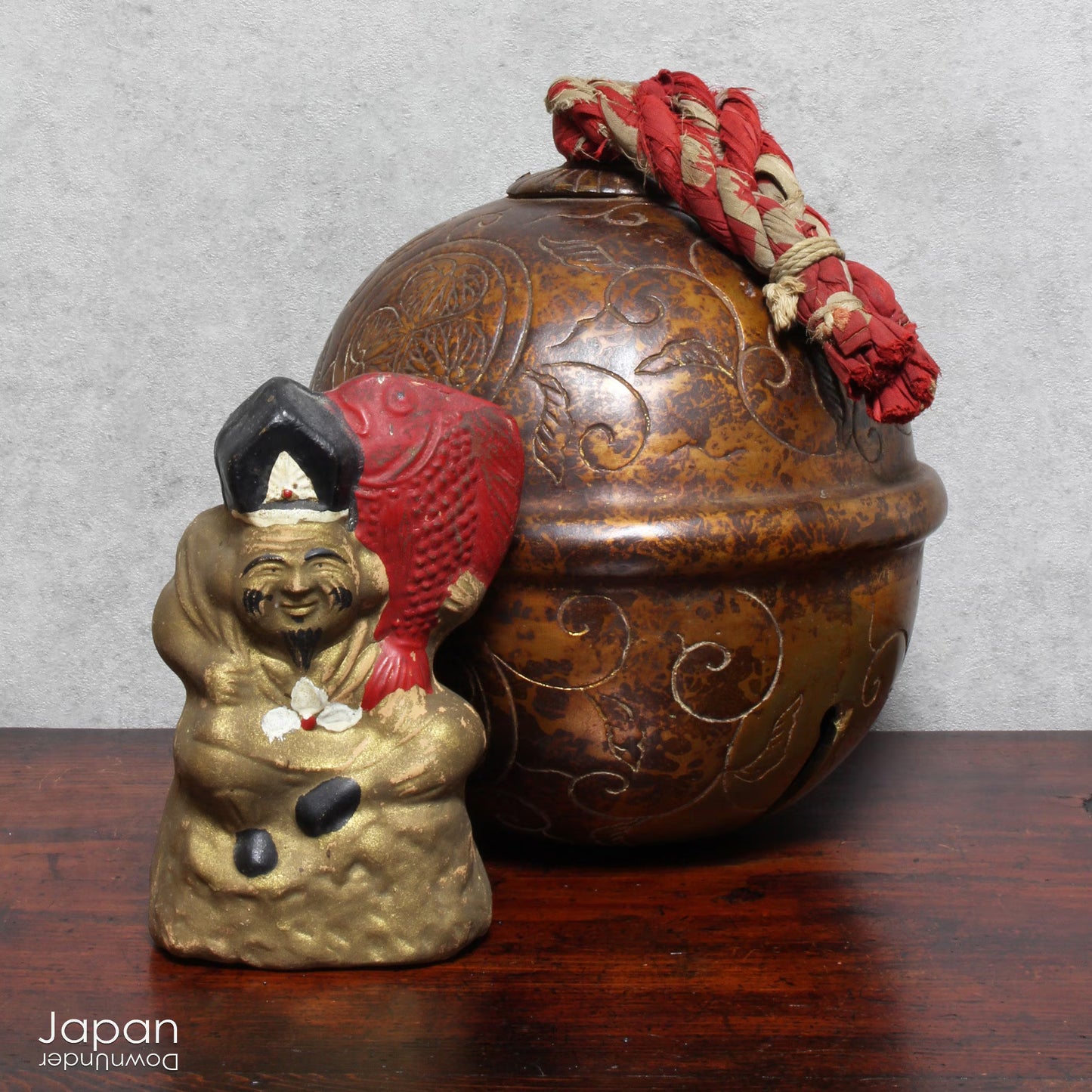 japanese antique decorative bronze bell with floral art - shinto shrine protection charm