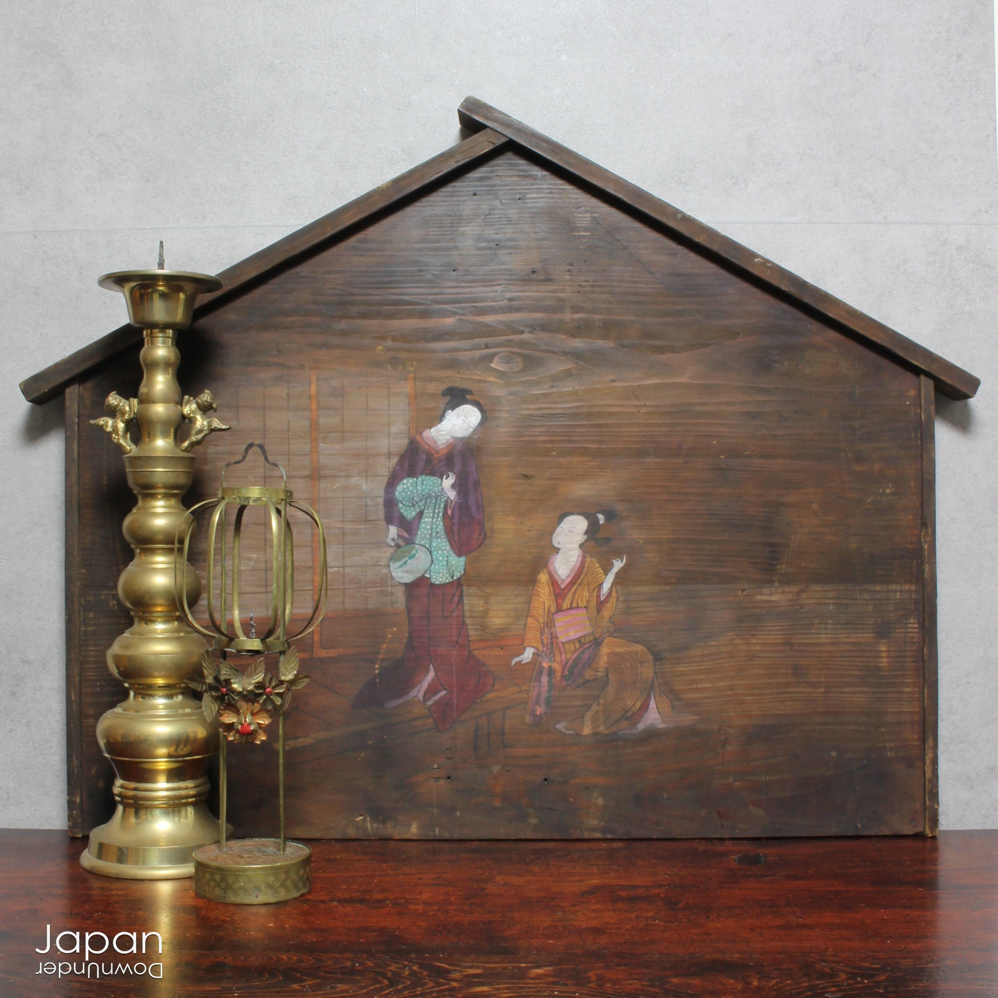 Step back in time with this stunning 1800‘s folk art painting featuring elegant Japanese women in kimono on an extremely large Japanese ema. Originally a donation to a shrine, this unique piece captures the beauty and tradition of Japanese culture.