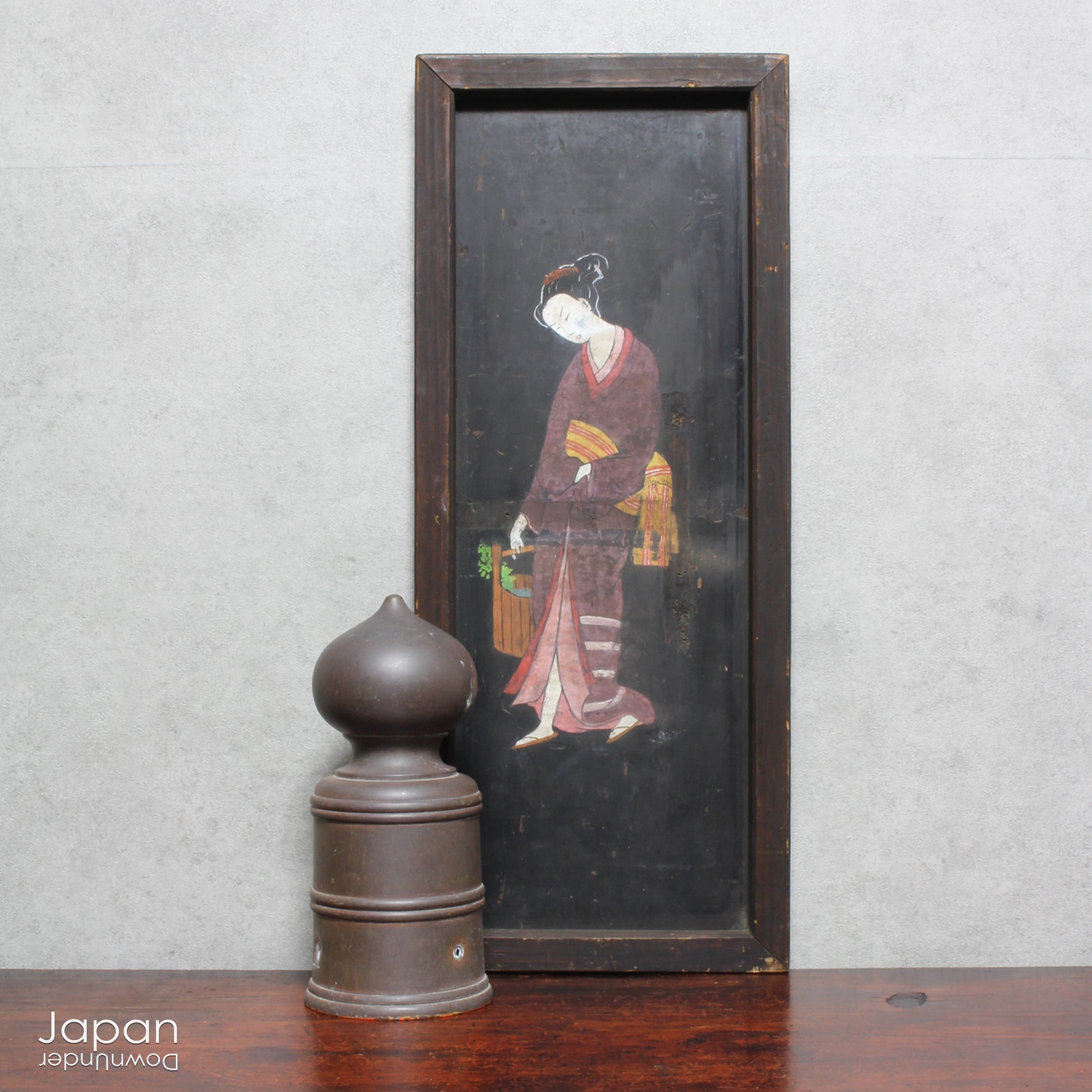 Stylish, Quality Japanese Antique, Vintage and More....Unlike the spiritual A wonderful 1800’s folk art painting featuring a Japanese woman in kimono on a very large Japanese ema. Originally a donation to a shrine, this unique piece captures the beauty and tradition of Japanese culture.