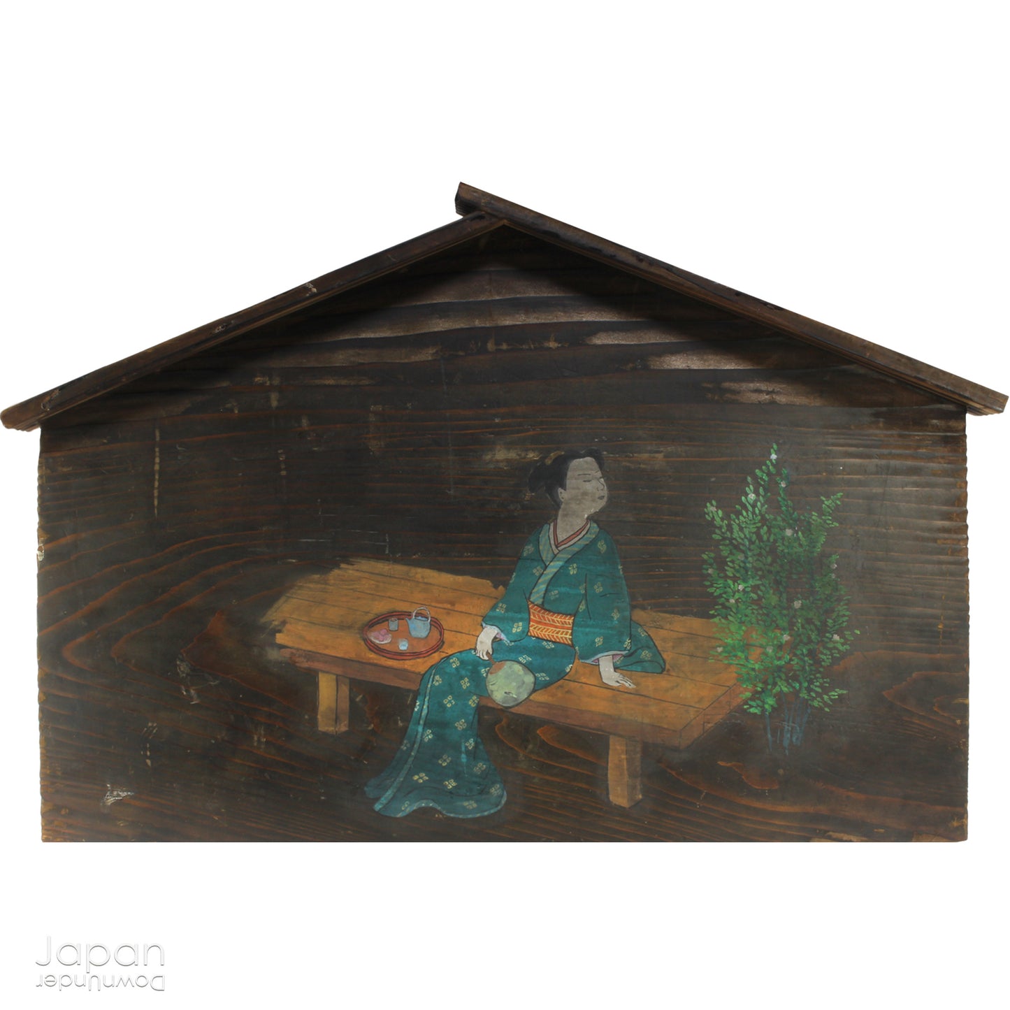 A wonderful 1800’s folk art painting featuring a Japanese woman in kimono on a very large Japanese ema. Originally a donation to a shrine, this unique piece captures the beauty and tradition of Japanese culture adding historical charm to any space.