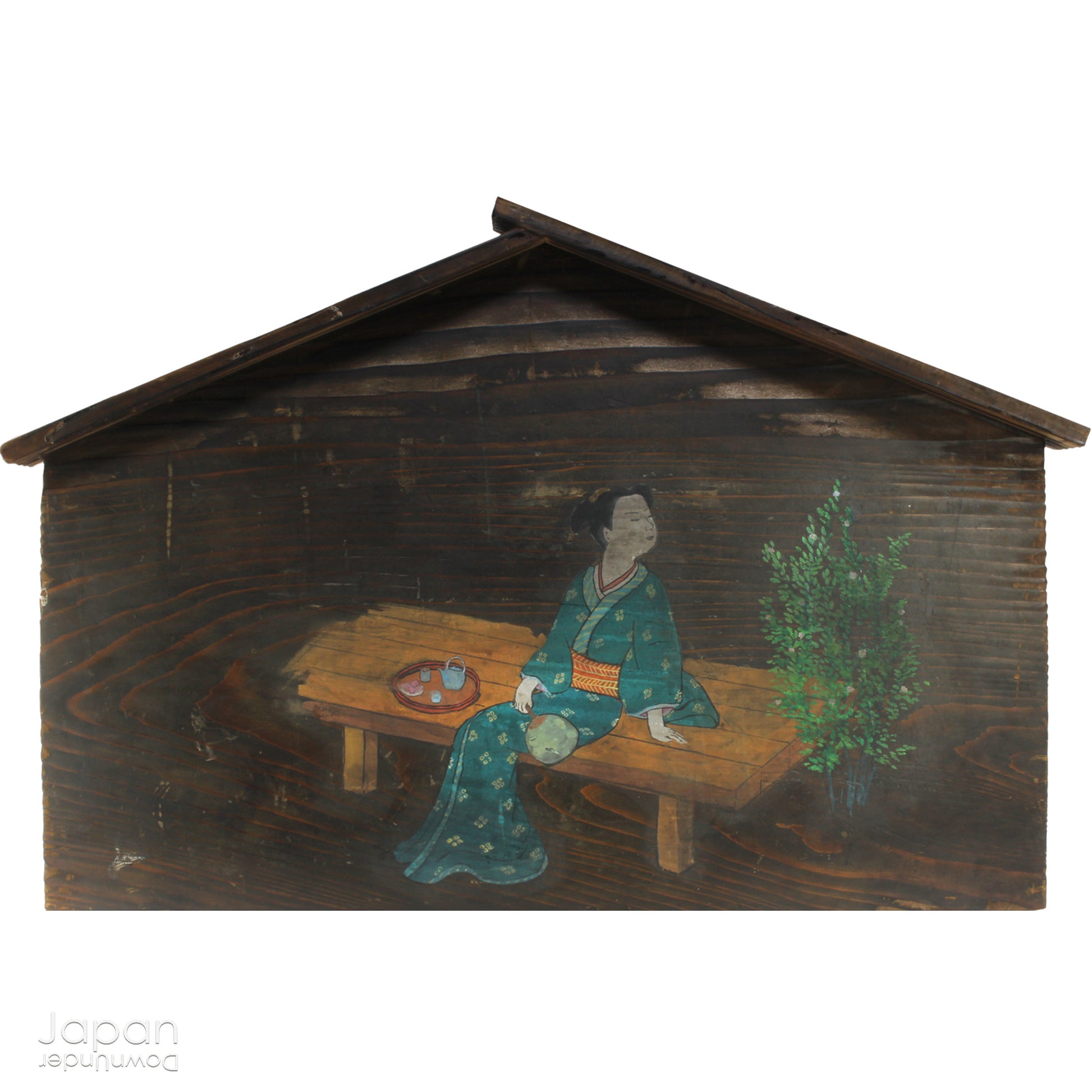 A wonderful 1800’s folk art painting featuring a Japanese woman in kimono on a very large Japanese ema. Originally a donation to a shrine, this unique piece captures the beauty and tradition of Japanese culture adding historical charm to any space.