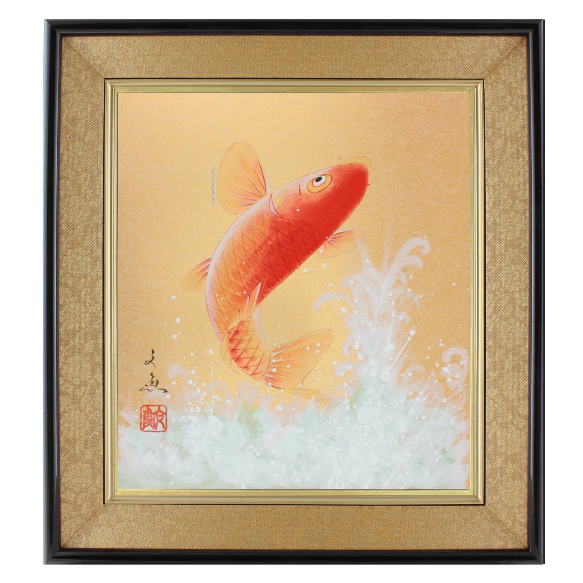 Immerse yourself in the captivating beauty of this dramatic shikishi watercolor painting, titled Tobu Koi ("Flying Carp"). Originally created for display at the tea ceremony, this shikishi features a vibrant red koi fish courageously swimming up a foaming, white waterfall. The artwork perfectly captures the symbolism of perseverance, strength, and determination.