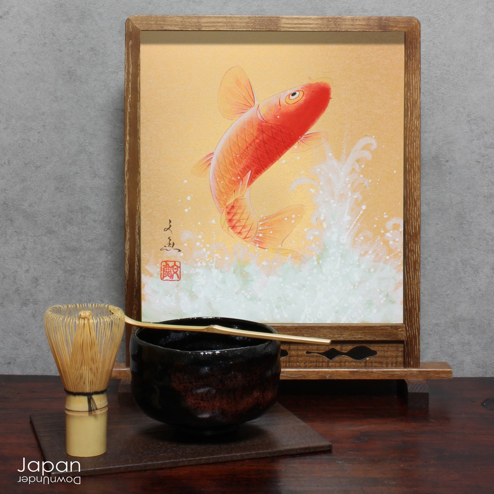 Immerse yourself in the captivating beauty of this dramatic shikishi watercolor painting, titled Tobu Koi ("Flying Carp"). Originally created for display at the tea ceremony, this shikishi features a vibrant red koi fish courageously swimming up a foaming, white waterfall. The artwork perfectly captures the symbolism of perseverance, strength, and determination.
