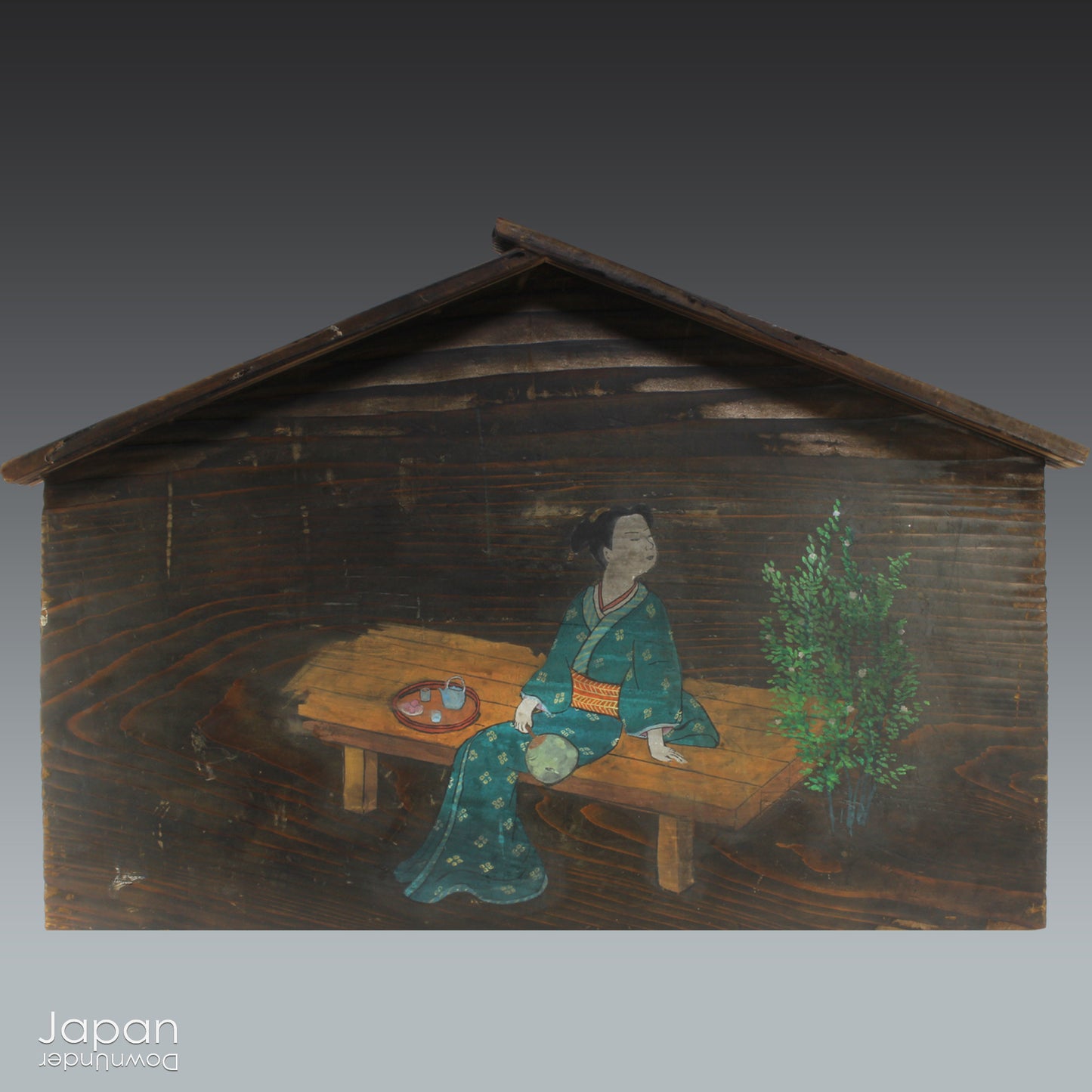 A wonderful 1800’s folk art painting featuring a Japanese woman in kimono on a very large Japanese ema. Originally a donation to a shrine, this unique piece captures the beauty and tradition of Japanese culture adding historical charm to any space.
