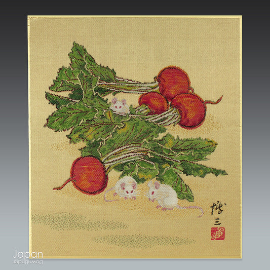 Elevate your space with the refined luxury of Japanese textile art. This exquisite vintage tapestry, woven in the Aya Nishijin-ori technique and mounted on a traditional shikishi art board, radiates elegance. With luminous silk threads, gilded accents, and a vibrant palette, it captivates the eye and invites deeper appreciatio - an ideal conversation piece for collectors of fine Japanese craftsmanship.