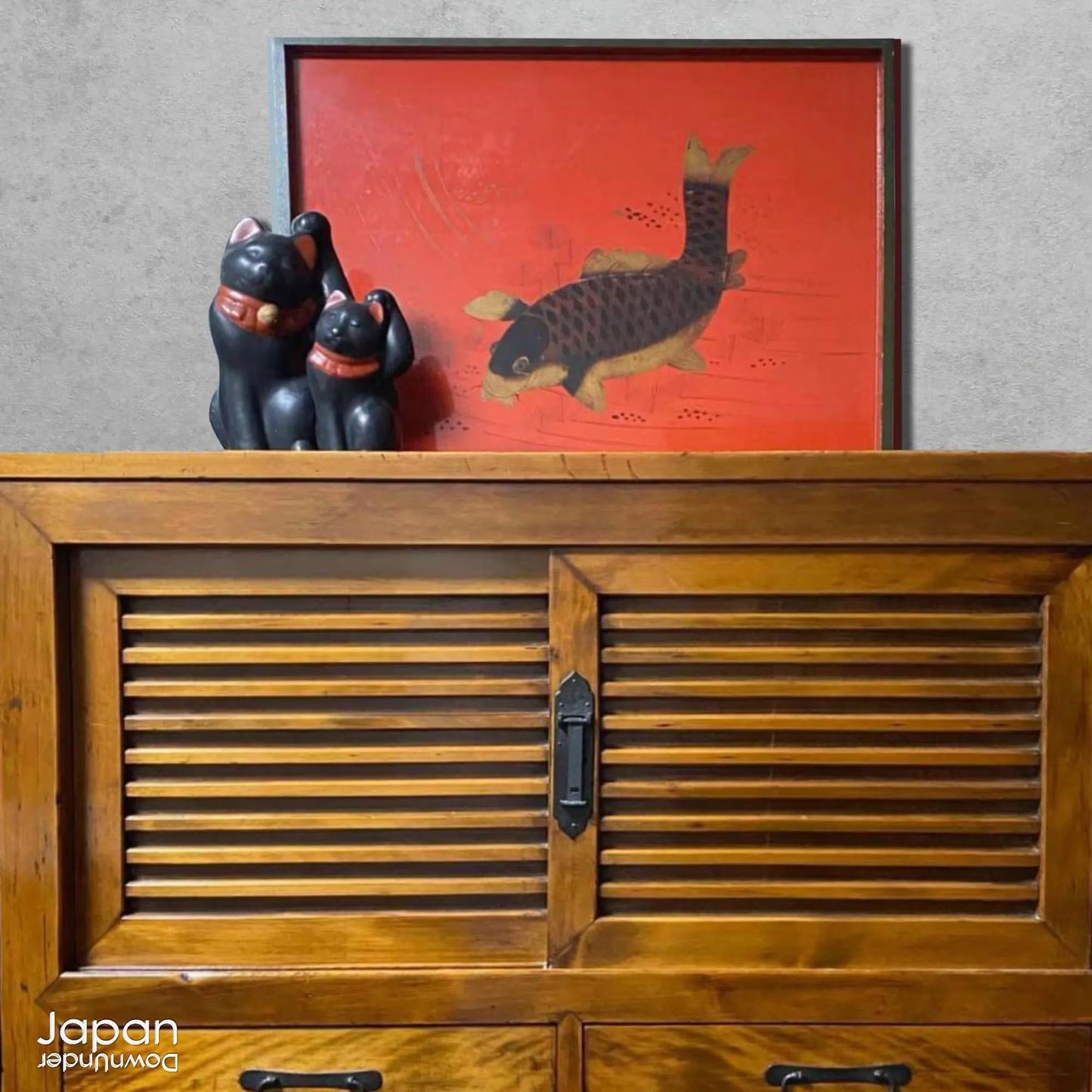 Step back in time and immerse yourself in the elegance of the past with this exquisite 1800s rare red lacquer tray, a true collector’s treasure. Featuring a Japanese black koi carp, painted finely in black and gold and swimming peacefully amongst river foliage, this stunningly large tray brings a touch of historical charm and sophistication to any space. Its intricate design is not just a visual delight but also a lucky symbol, making it a captivating and meaningful addition to your home.