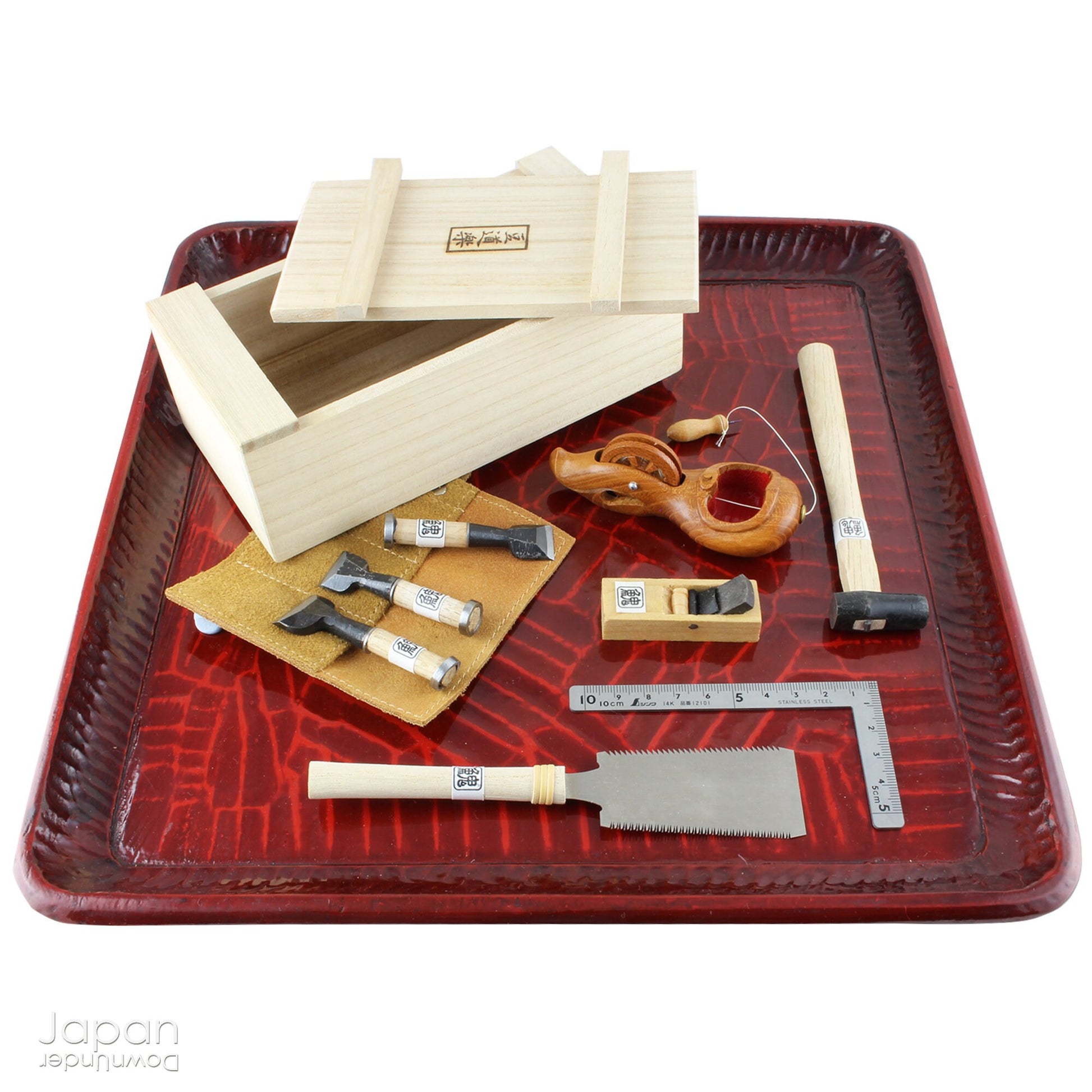 This exquisite little miniature Japanese carpenter tool set is totally made to scale and can even be used for small projects. It comes neatly packed wrapped in a tool bag and placed in an authentic carpenter’s tool box.