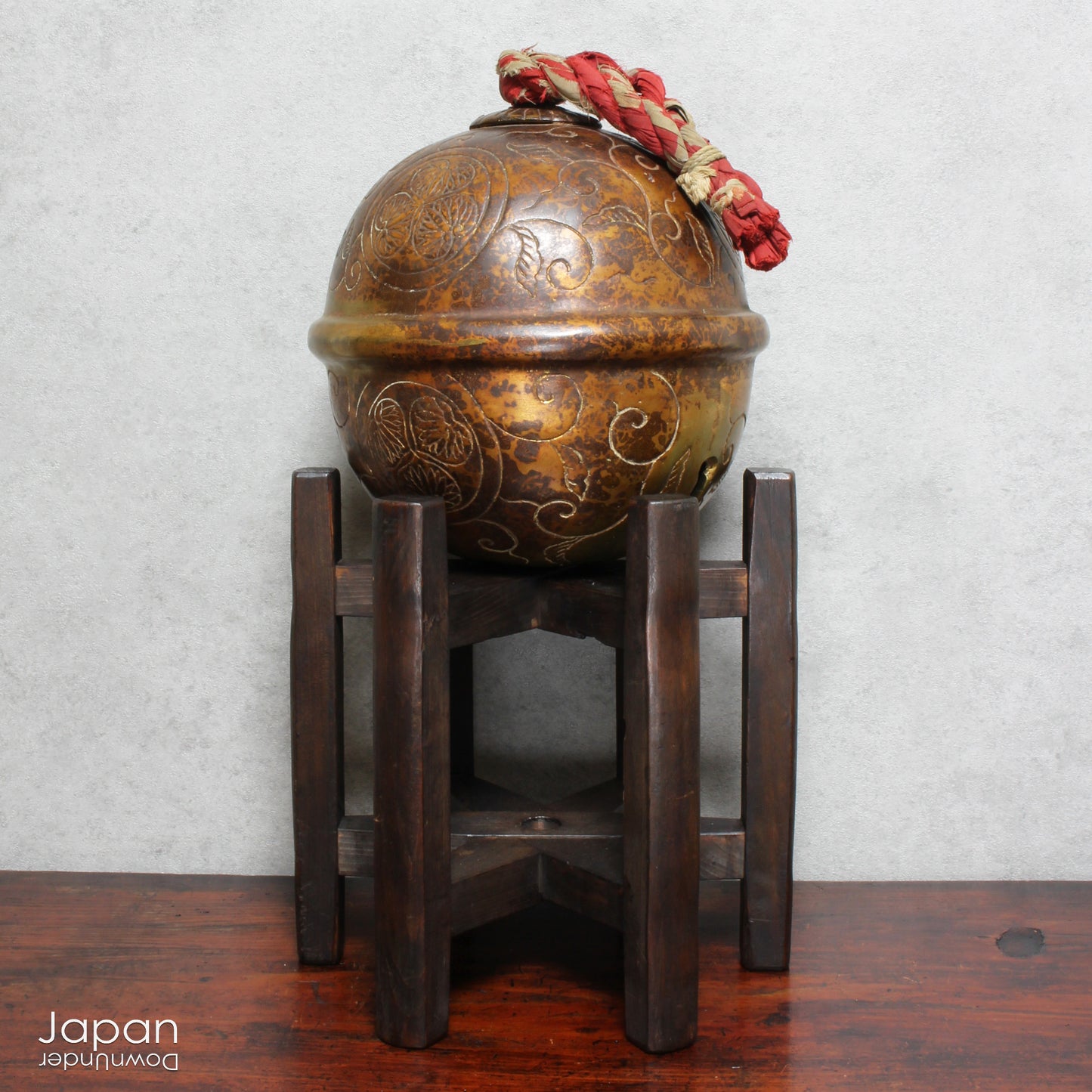 japanese antique decorative bronze bell with floral art - shinto shrine protection charm