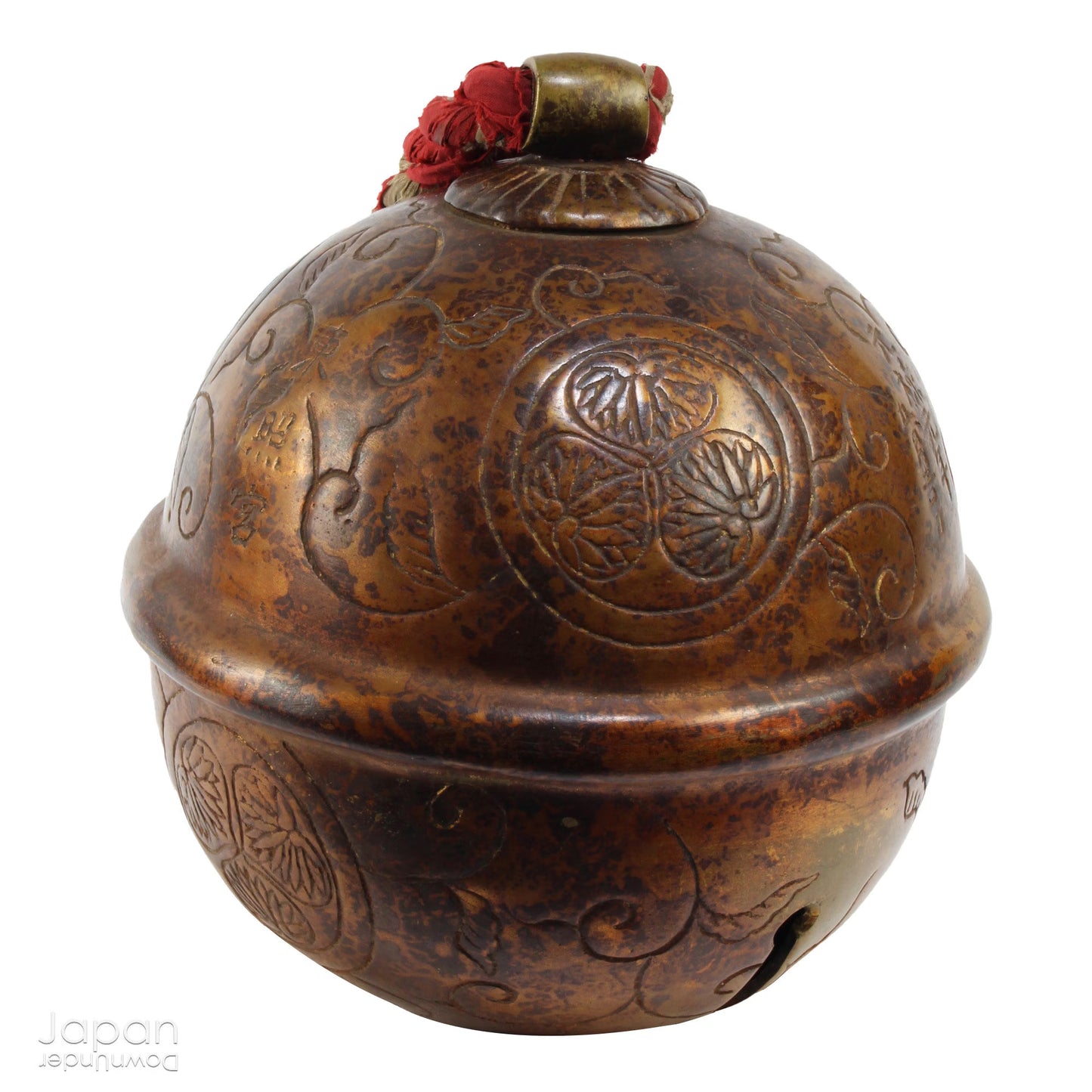 japanese antique decorative bronze bell with floral art - shinto shrine protection charm