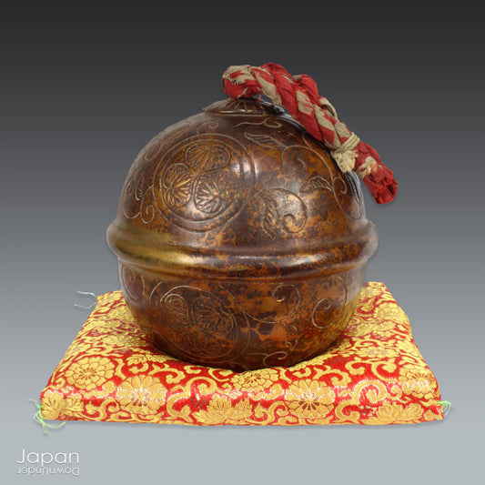 japanese antique decorative bronze bell with floral art - shinto shrine protection charm