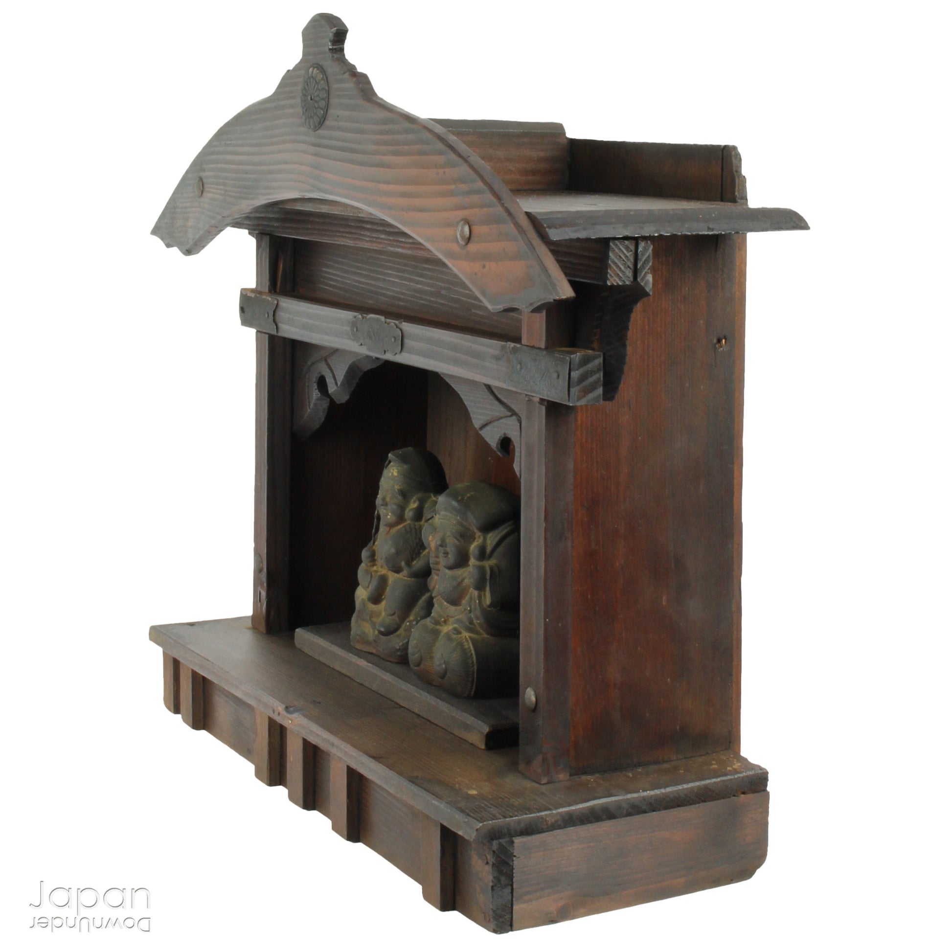 A perfect addition to your spiritual space, this rustic antique Shinto shrine, made to be placed on the kamidana (god shelf), houses the lucky god Ebisu and Daikoku. This charming hand crafted god house embodies the essence of Shinto folk faith.