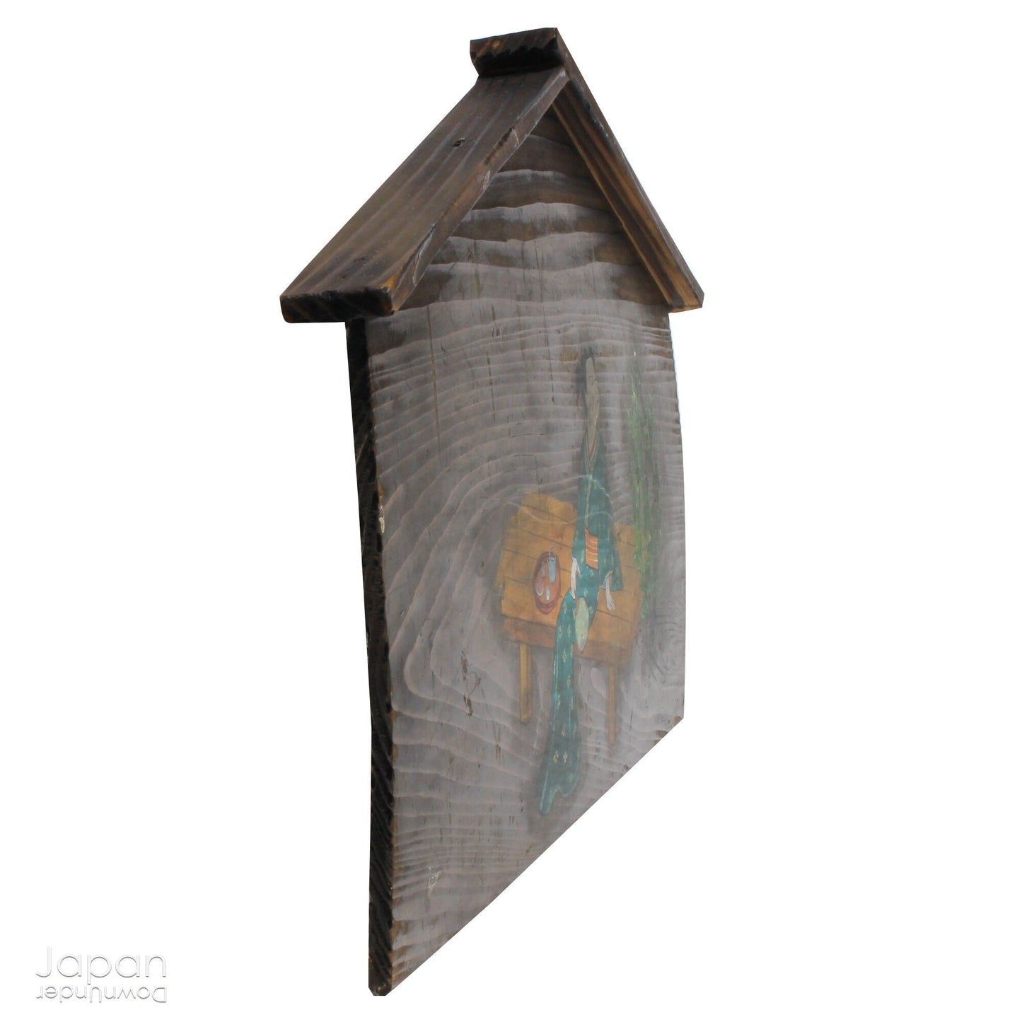 A wonderful 1800’s folk art painting featuring a Japanese woman in kimono on a very large Japanese ema. Originally a donation to a shrine, this unique piece captures the beauty and tradition of Japanese culture adding historical charm to any space.