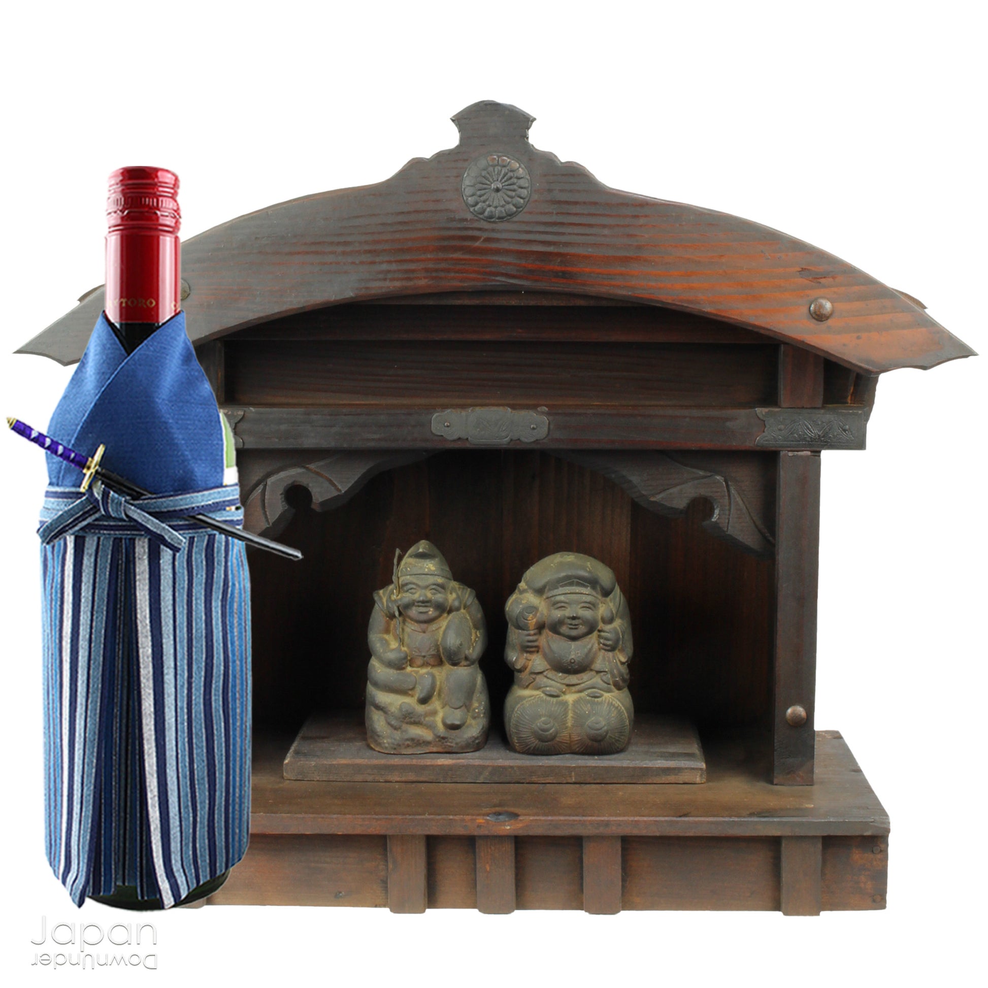 A perfect addition to your spiritual space, this rustic antique Shinto shrine, made to be placed on the kamidana (god shelf), houses the lucky god Ebisu and Daikoku. This charming hand crafted god house embodies the essence of Shinto folk faith.