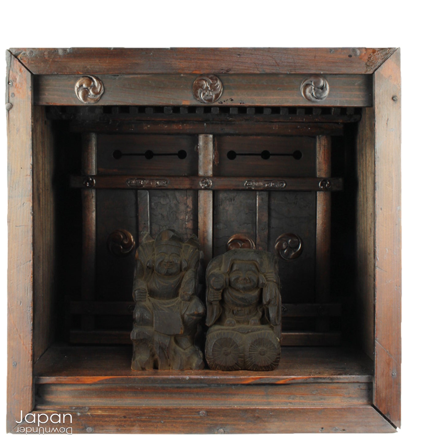 Bring a piece of history into your home with this rare 1800's Shinto folk faith shrine, perfect for creating a sacred space on your own god shelf or within your home. This antique religious decor piece includes the lucky gods, Ebisu and Daikoku.