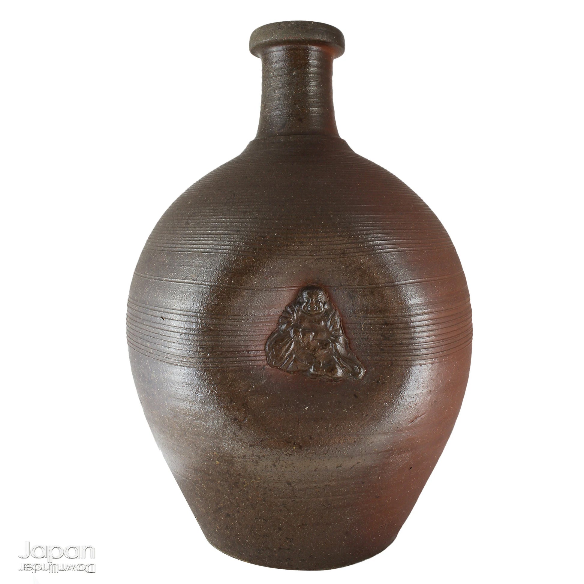 Add depth and story to your interior with this striking Taisho-era Bizen ware sake tokkuri, adorned with Hotei - the cheerful god of happiness, children, and good fortune, and one of Japan’s beloved Seven Lucky Gods. More than just a vessel, this antique bottle is a captivating example of Japanese folk craftsmanship, equally compelling as a sculptural display piece or a uniquely soulful vase.