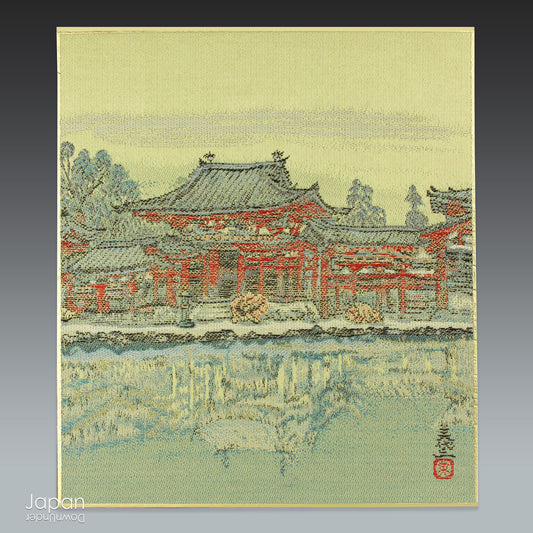 Add a touch of refined luxury to your home decor with this exquisite antique woven silk tapestry, Aya Nishijin-ori, elegantly mounted on a traditional Japanese shikishi art board. Radiating opulence with its shimmering gold accents and rich, vibrant tones, this piece is sure to captivate the eye and spark conversation. An ideal treasure for collectors of shikishi art and admirers of exceptional Japanese craftsmanship.