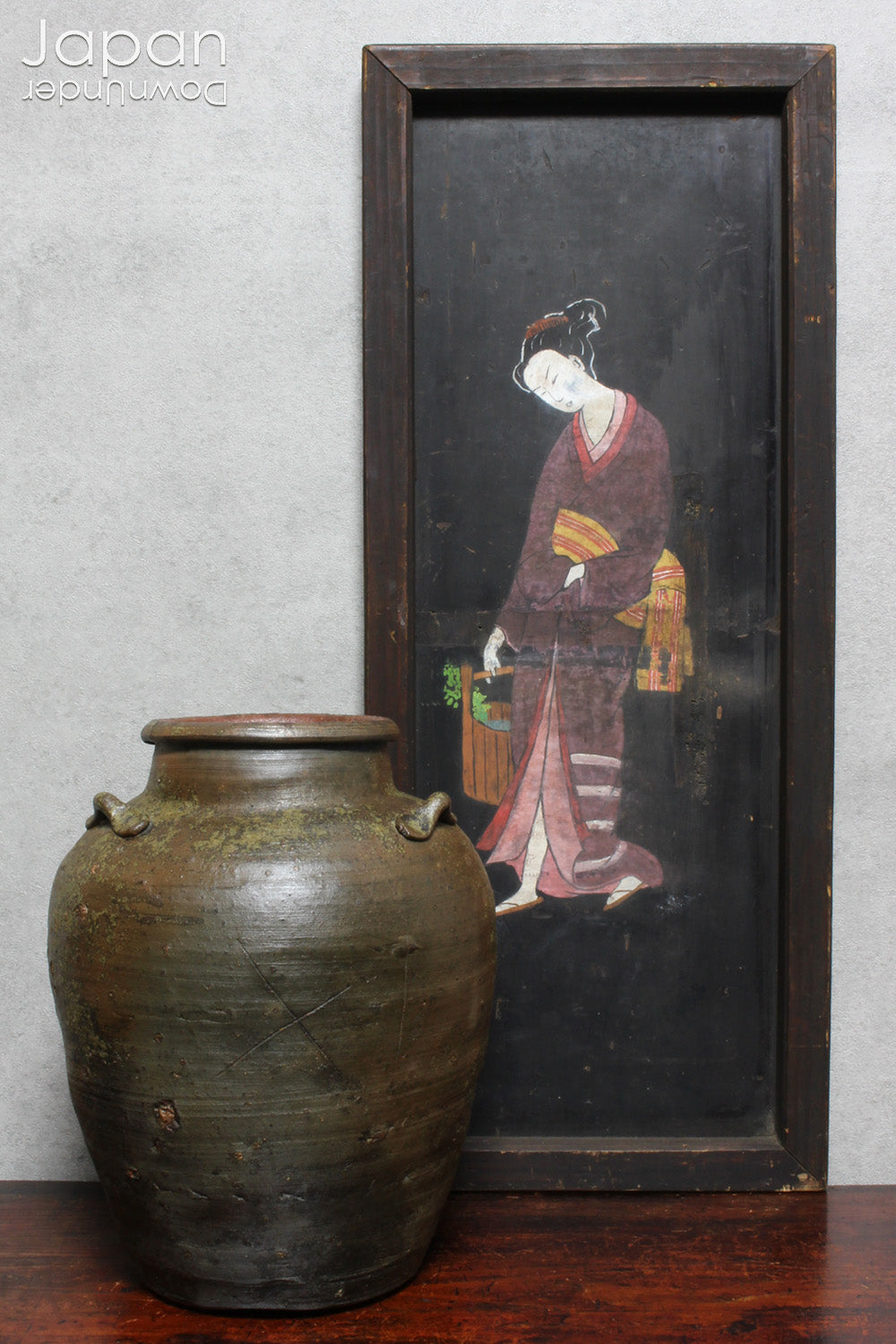 Stylish, Quality Japanese Antique, Vintage and More....Unlike the spiritual A wonderful 1800’s folk art painting featuring a Japanese woman in kimono on a very large Japanese ema. Originally a donation to a shrine, this unique piece captures the beauty and tradition of Japanese culture.