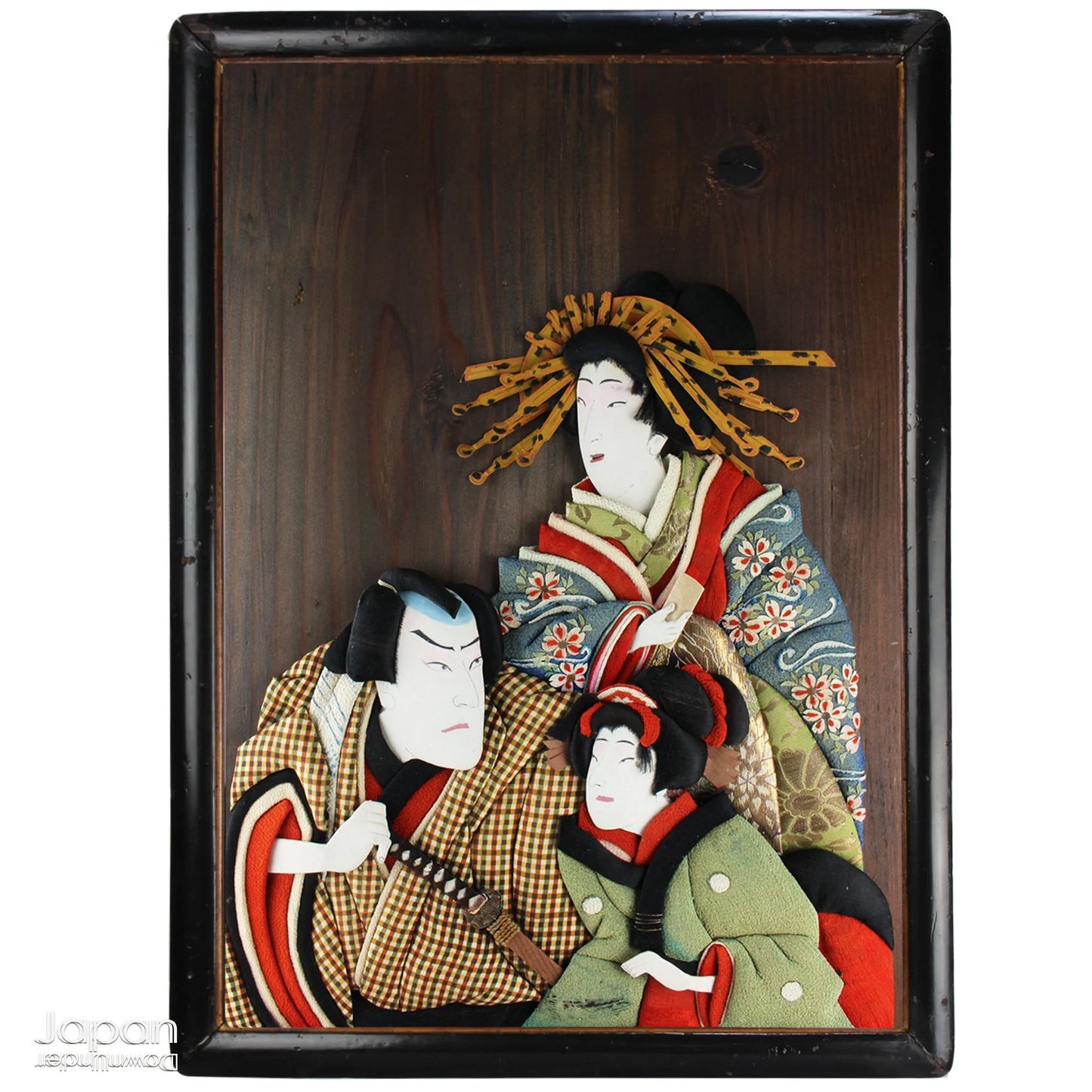 Infuse your home with the rich history and exquisite craftsmanship of this framed antique traditional Japanese Oshie fabric art. Featuring intricate, three-dimensional depictions of Kabuki players, this piece is a true masterpiece that will captivate and become a striking focal point in any room.