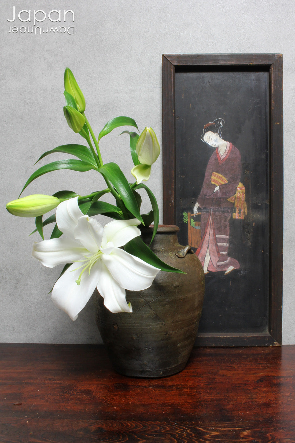 Stylish, Quality Japanese Antique, Vintage and More....Unlike the spiritual A wonderful 1800’s folk art painting featuring a Japanese woman in kimono on a very large Japanese ema. Originally a donation to a shrine, this unique piece captures the beauty and tradition of Japanese culture.