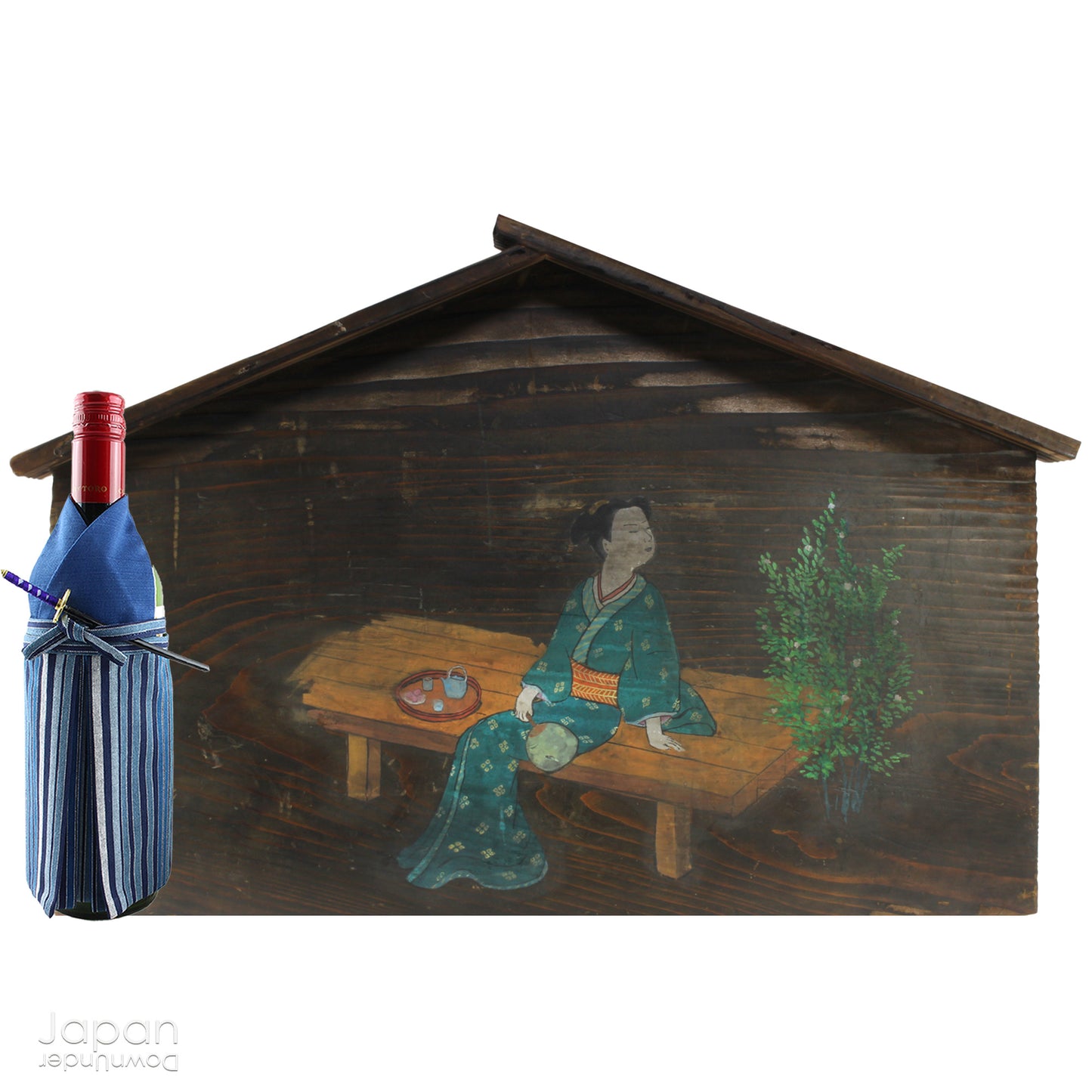 A wonderful 1800’s folk art painting featuring a Japanese woman in kimono on a very large Japanese ema. Originally a donation to a shrine, this unique piece captures the beauty and tradition of Japanese culture adding historical charm to any space.