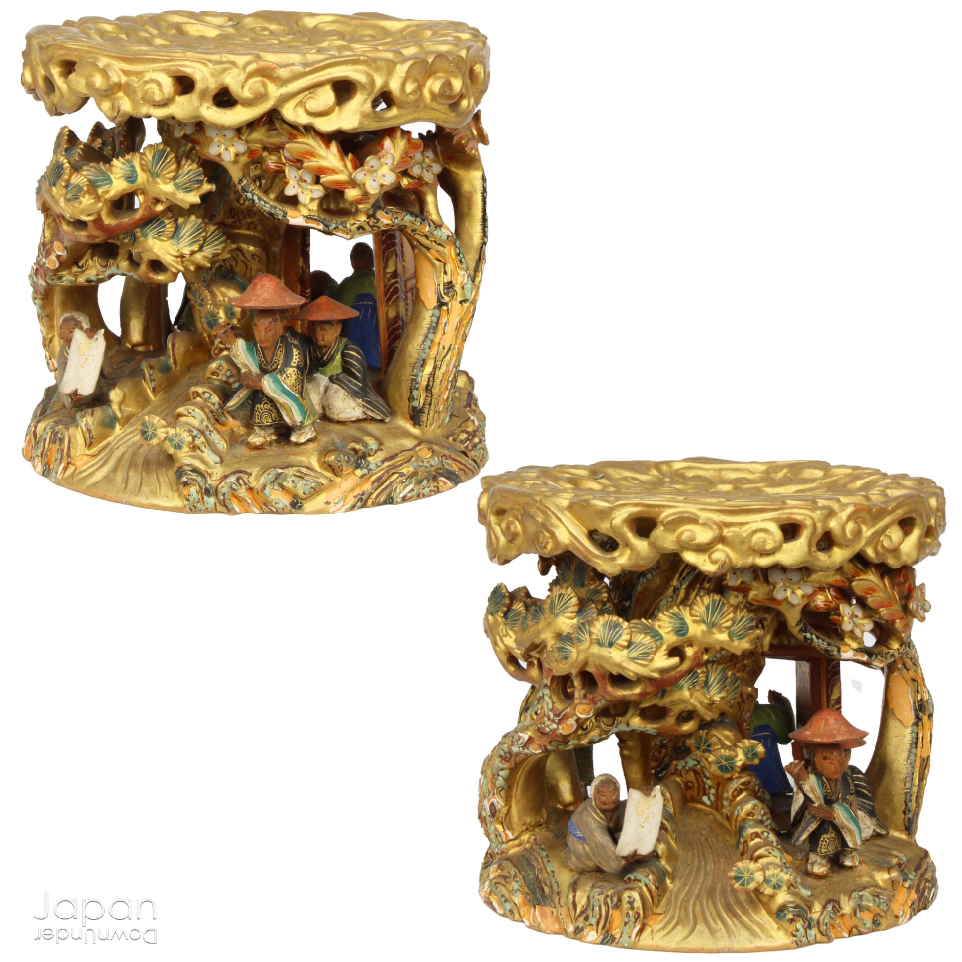 An 1800’s Buddhist altar singing bowl, harmoniously displayed on a traditional intricately carved custom order stand. Complete with a luxurious brocade cushion, this set exudes timeless elegance and spiritual significance.