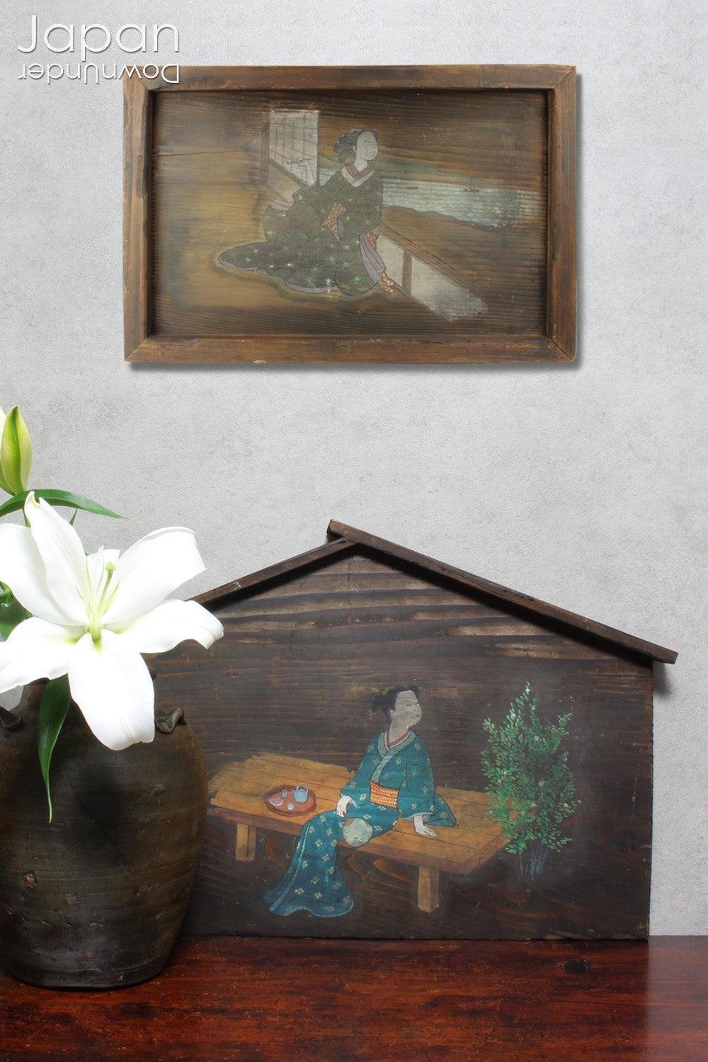 large japanese antique votive plaque - beautiful woman in japanese kimono painting - religious wall art