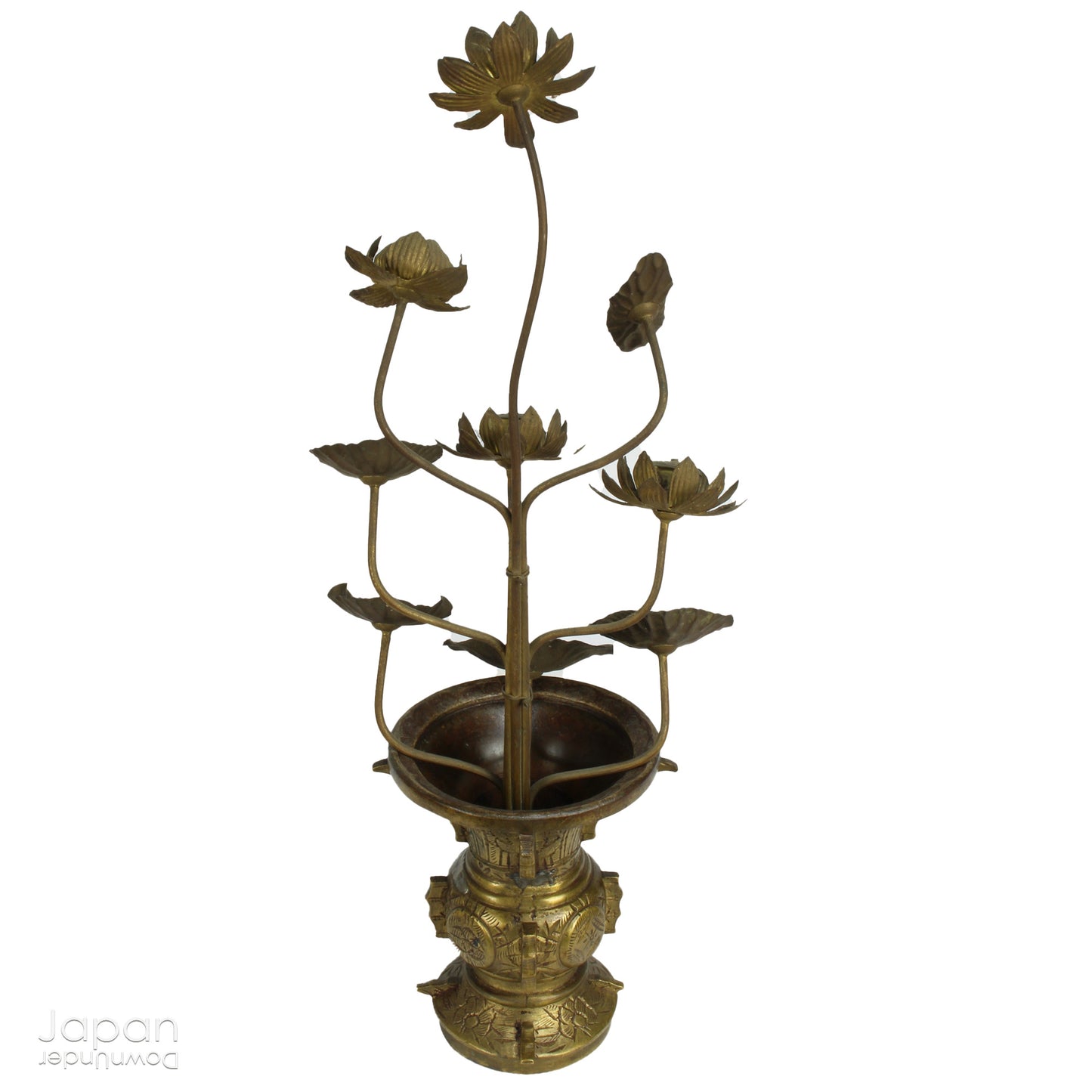 Infuse your home with serenity and grace with this exquisite pair of antique Buddhist lotus flower altar arrangements. These meticulously crafted metal flowers, known as Jouka, meaning "eternal flowers,” are a stunning representation of spiritual beauty. Set in decorative vases, these unique pieces offer a tranquil energy that will elevate any room.