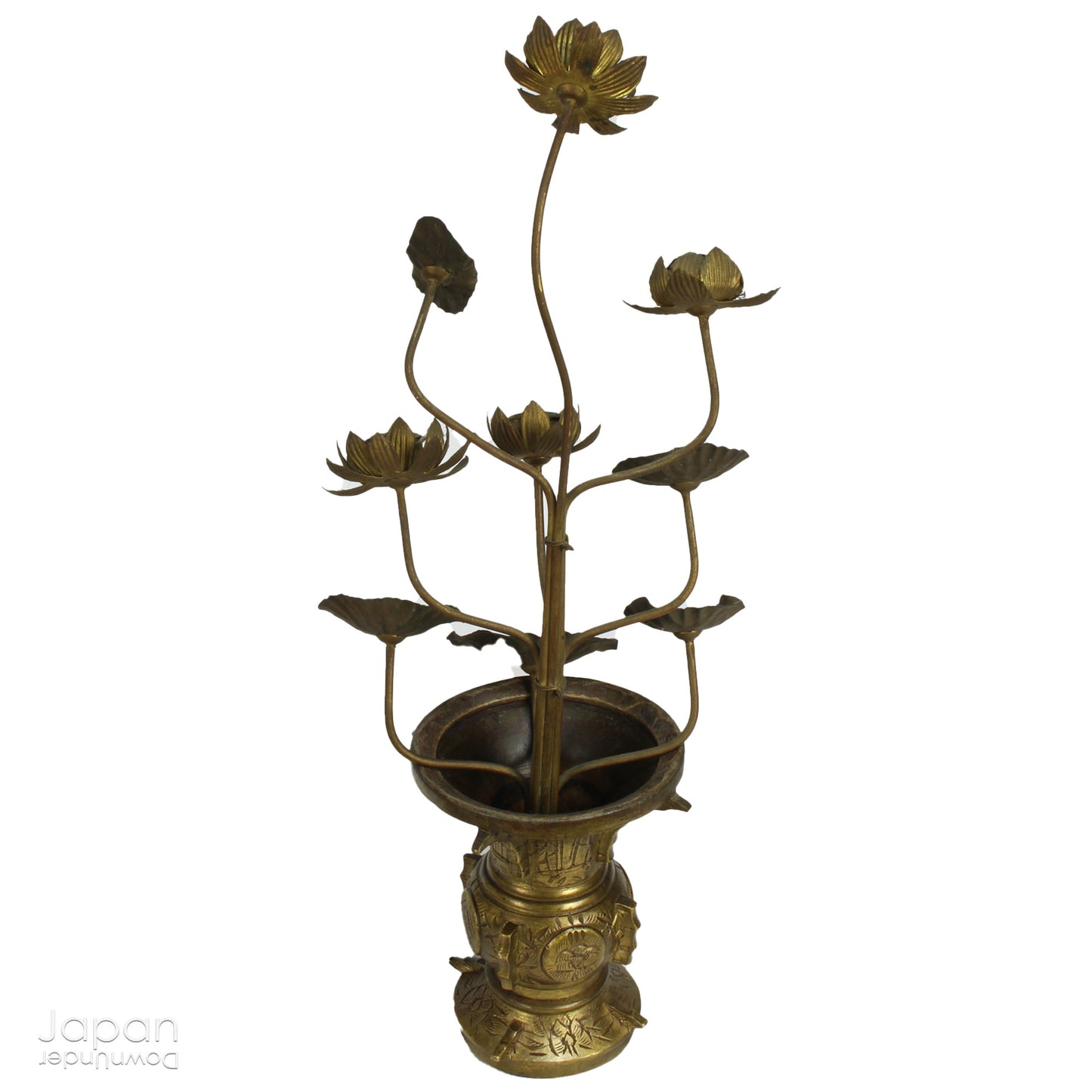 Infuse your home with serenity and grace with this exquisite pair of antique Buddhist lotus flower altar arrangements. These meticulously crafted metal flowers, known as Jouka, meaning "eternal flowers,” are a stunning representation of spiritual beauty. Set in decorative vases, these unique pieces offer a tranquil energy that will elevate any room.