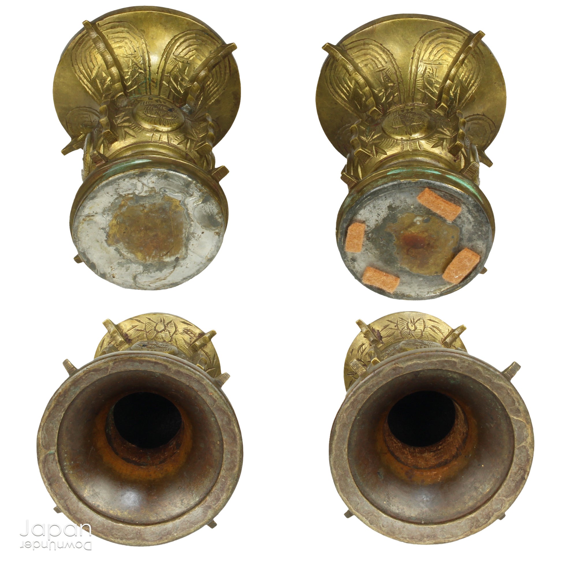 Infuse your home with serenity and grace with this exquisite pair of antique Buddhist lotus flower altar arrangements. These meticulously crafted metal flowers, known as Jouka, meaning "eternal flowers,” are a stunning representation of spiritual beauty. Set in decorative vases, these unique pieces offer a tranquil energy that will elevate any room.