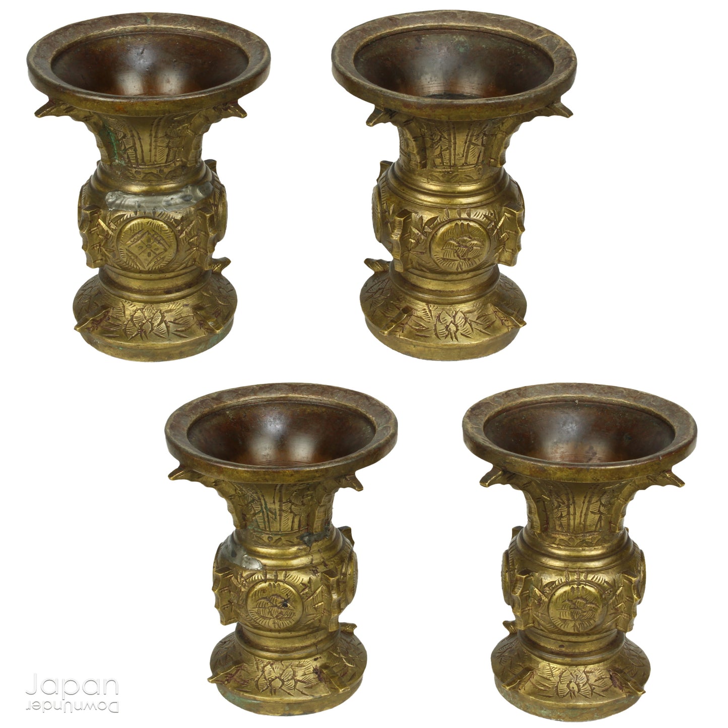 Infuse your home with serenity and grace with this exquisite pair of antique Buddhist lotus flower altar arrangements. These meticulously crafted metal flowers, known as Jouka, meaning "eternal flowers,” are a stunning representation of spiritual beauty. Set in decorative vases, these unique pieces offer a tranquil energy that will elevate any room.