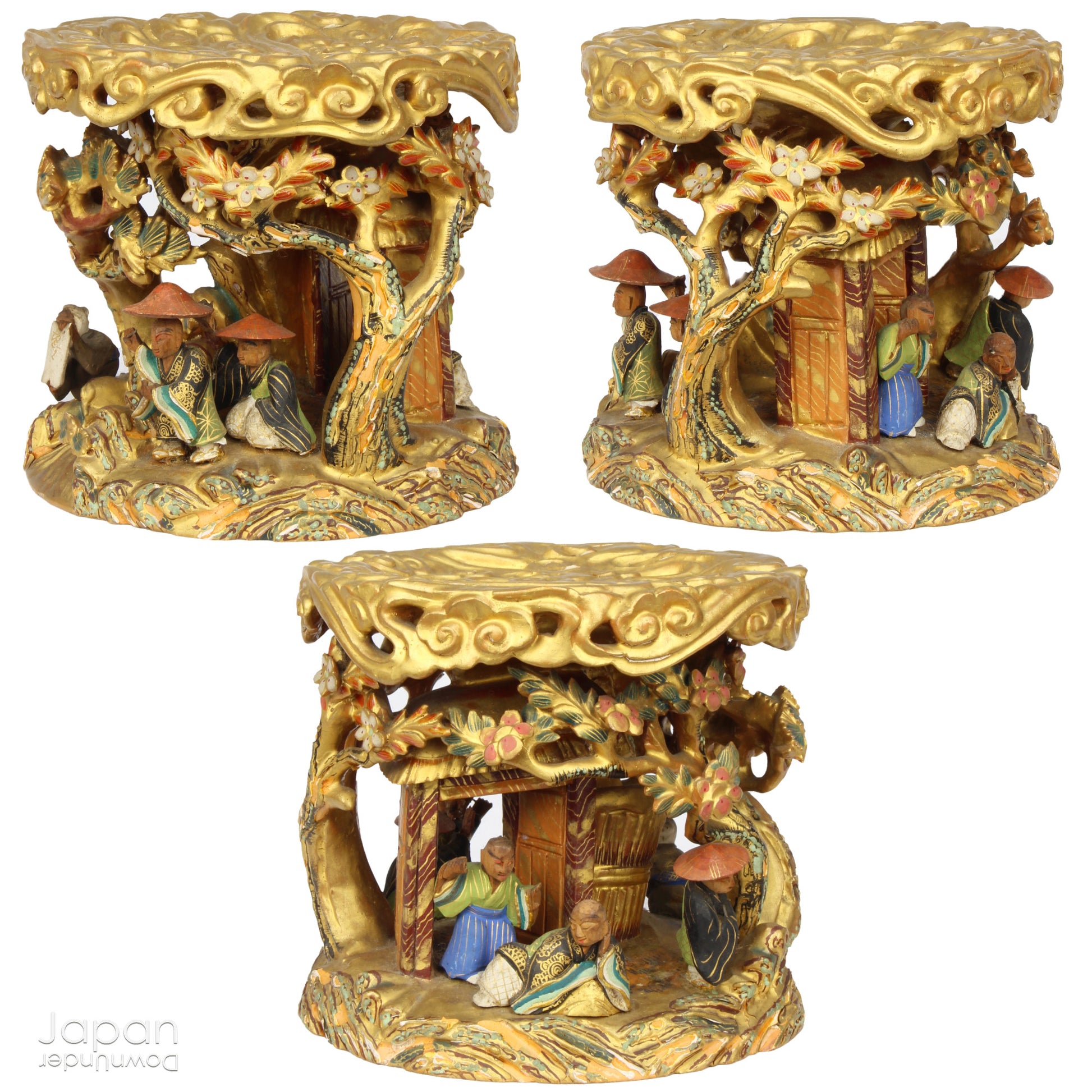 An 1800’s Buddhist altar singing bowl, harmoniously displayed on a traditional intricately carved custom order stand. Complete with a luxurious brocade cushion, this set exudes timeless elegance and spiritual significance.