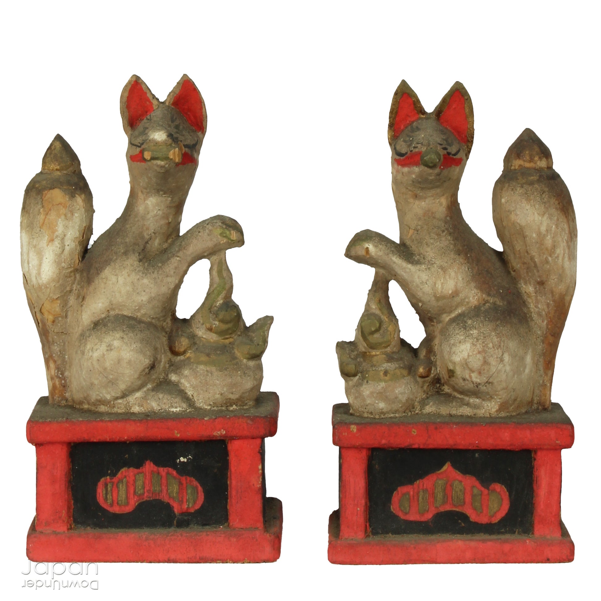 This charming Edo-period Shinto shrine is a rare and beautiful find - an authentic piece once cherished in a traditional Japanese country home. It originally held pride of place on the kamidana (god shelf), serving as a sacred site for daily offerings and prayers. Nestled within are a pair of hand-carved Inari foxes - protective spirits known to bring fortune, fertility, and blessings.