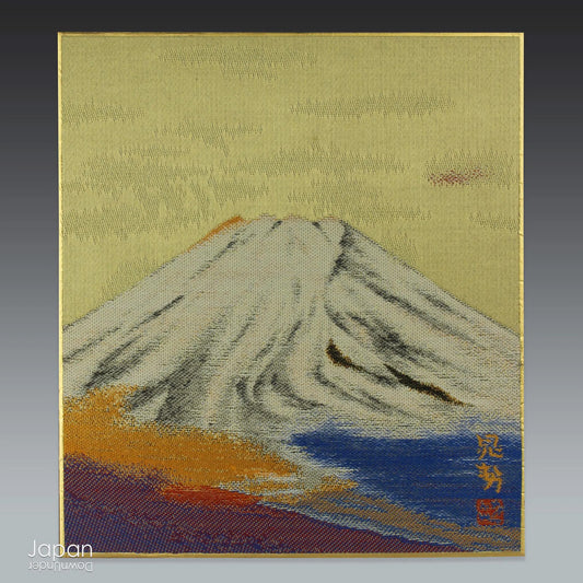 Add a touch of refined luxury to your home decor with this exquisite antique woven silk tapestry, Aya Nishijin-ori, elegantly mounted on a traditional Japanese shikishi art board. Radiating opulence with its shimmering gold accents and rich, vibrant tones, this piece is sure to captivate the eye and spark conversation. An ideal treasure for collectors of shikishi art and admirers of exceptional Japanese craftsmanship.