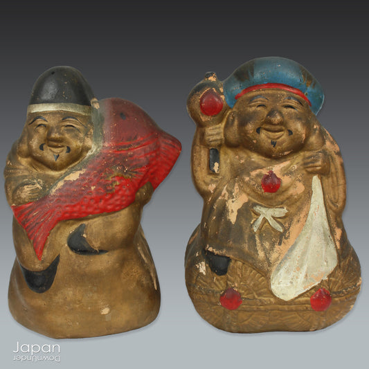 vintage japanese lucky gods clay piggy banks with antique patina