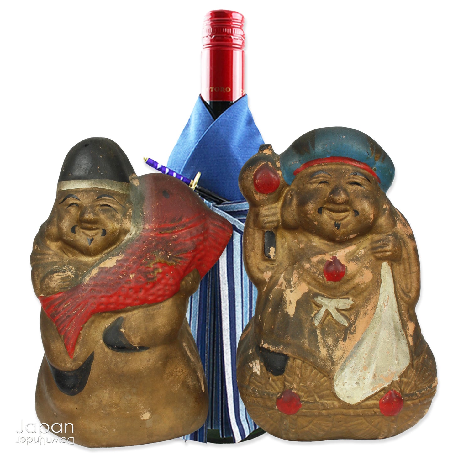 vintage japanese lucky gods clay piggy banks with antique patina