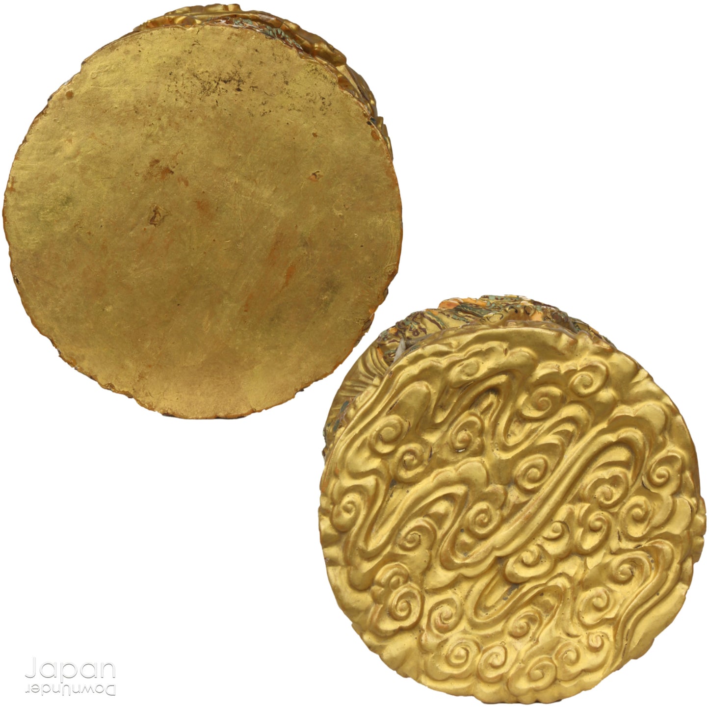 An 1800’s Buddhist altar singing bowl, harmoniously displayed on a traditional intricately carved custom order stand. Complete with a luxurious brocade cushion, this set exudes timeless elegance and spiritual significance.