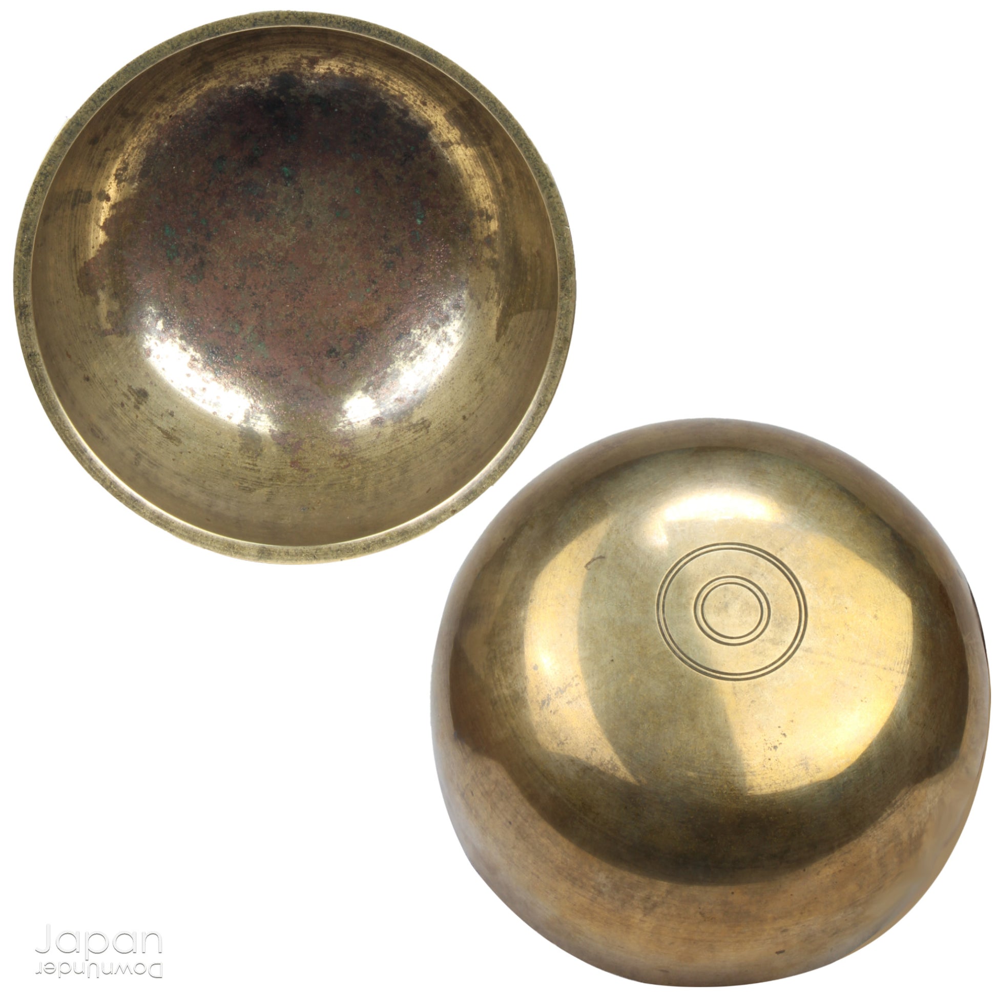 An 1800’s Buddhist altar singing bowl, harmoniously displayed on a traditional intricately carved custom order stand. Complete with a luxurious brocade cushion, this set exudes timeless elegance and spiritual significance.