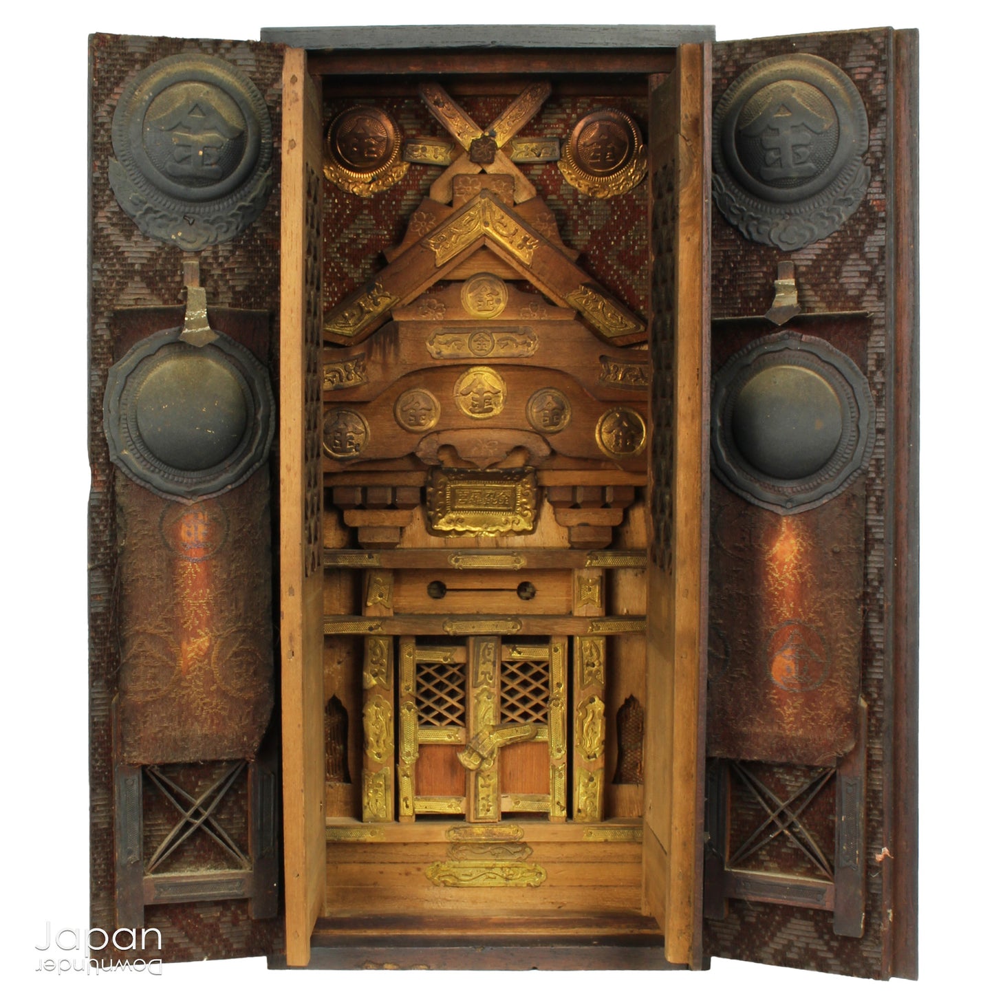 Bring a sense of spiritual heritage and timeless beauty into your space with this rare Meiji era antique Japanese Kamidana Shinto shrine, a scaled-down replica of the revered Konpira Shrine. Steeped in tradition and believed to offer prosperity in business and protection to sea travelers, fishermen, and sailors, this piece carries deep cultural and spiritual significance - a truly unique addition to any home or collection.
