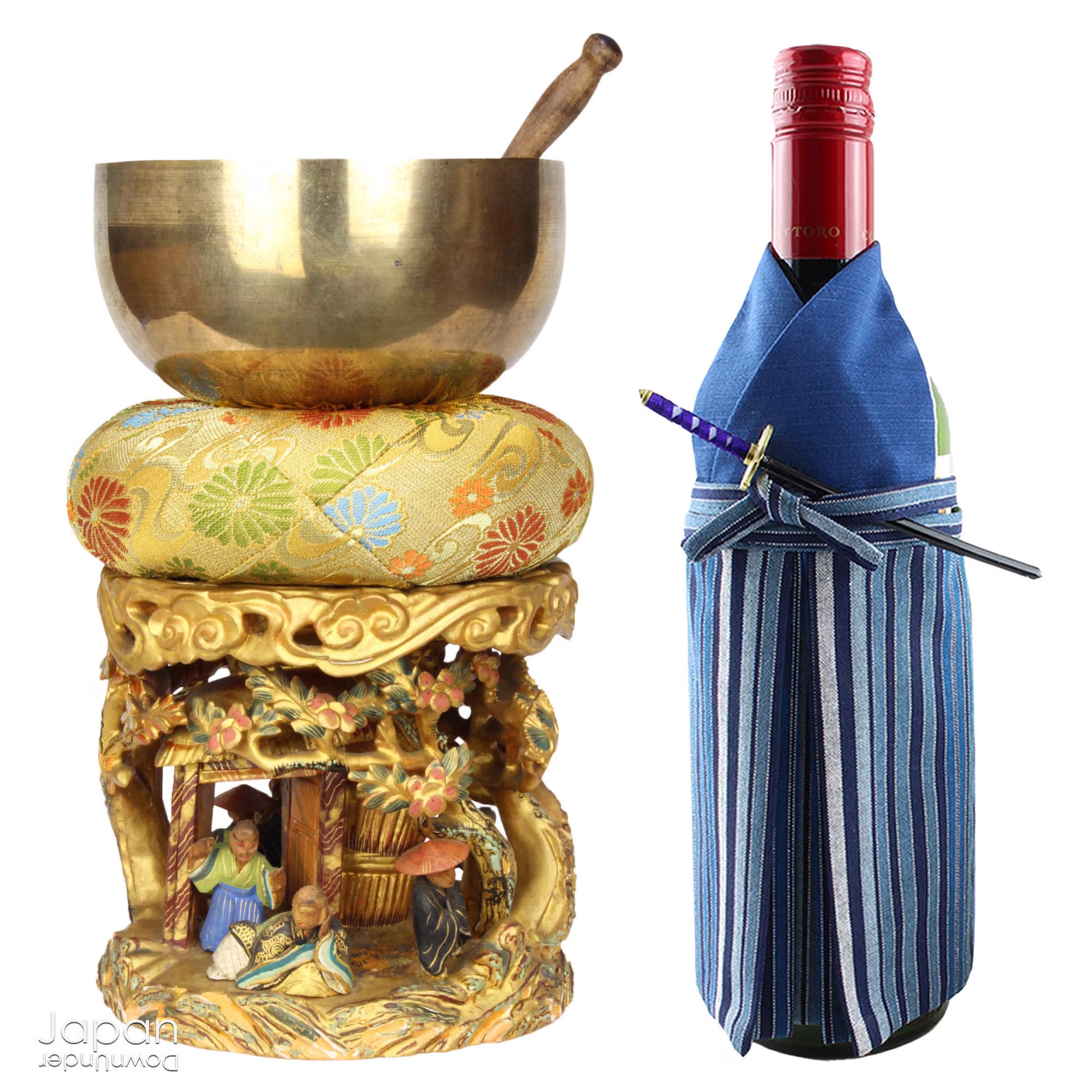 An 1800’s Buddhist altar singing bowl, harmoniously displayed on a traditional intricately carved custom order stand. Complete with a luxurious brocade cushion, this set exudes timeless elegance and spiritual significance.