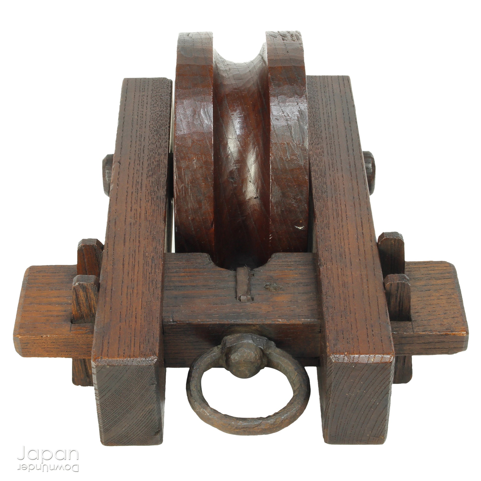 Bring a touch of authentic Japanese rustic charm into your home or garden with this exquisite antique well pulley, a fine example of traditional mingei (folk craft). Expertly crafted from keyaki (Japanese zelkova), a highly prized hardwood known for its strength and stunning grain, this piece is both a functional relic and a beautiful decorative accent.