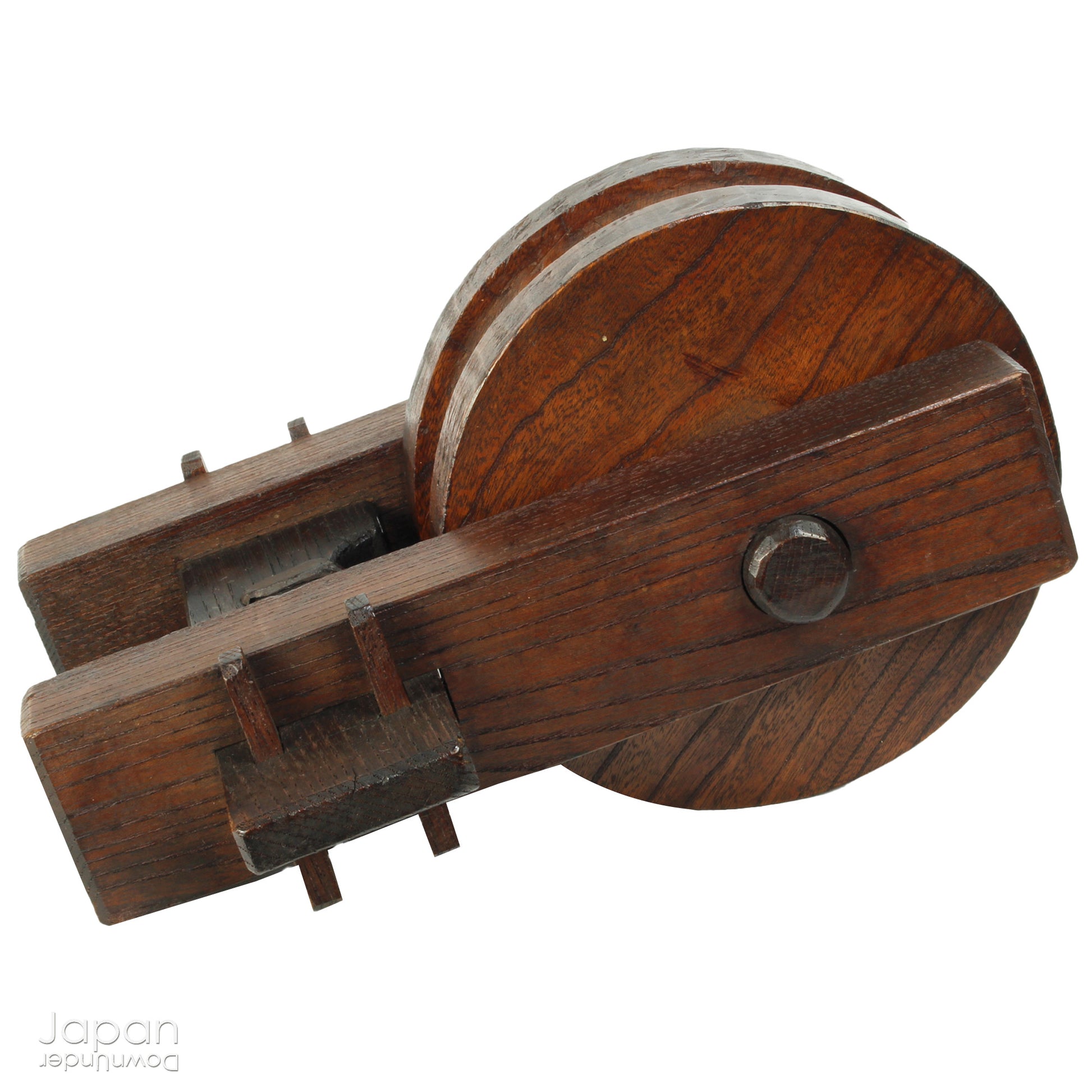 Bring a touch of authentic Japanese rustic charm into your home or garden with this exquisite antique well pulley, a fine example of traditional mingei (folk craft). Expertly crafted from keyaki (Japanese zelkova), a highly prized hardwood known for its strength and stunning grain, this piece is both a functional relic and a beautiful decorative accent.