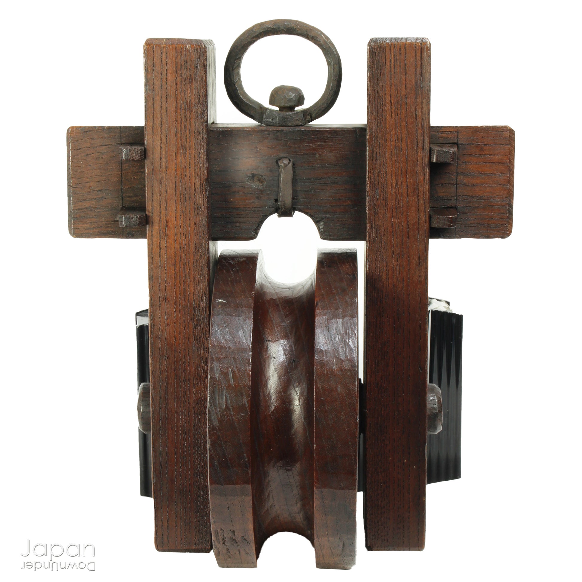 Bring a touch of authentic Japanese rustic charm into your home or garden with this exquisite antique well pulley, a fine example of traditional mingei (folk craft). Expertly crafted from keyaki (Japanese zelkova), a highly prized hardwood known for its strength and stunning grain, this piece is both a functional relic and a beautiful decorative accent.