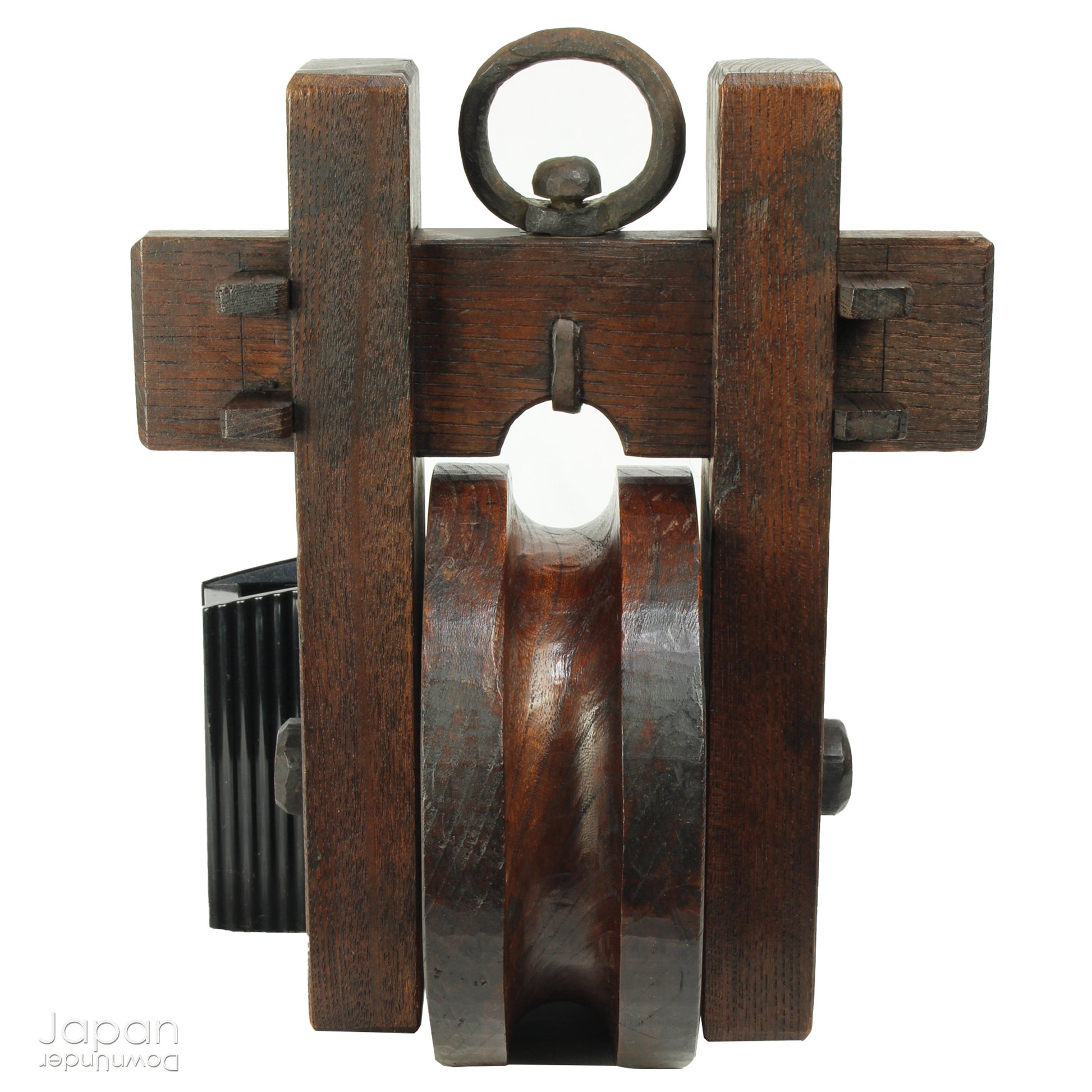 Bring a touch of authentic Japanese rustic charm into your home or garden with this exquisite antique well pulley, a fine example of traditional mingei (folk craft). Expertly crafted from keyaki (Japanese zelkova), a highly prized hardwood known for its strength and stunning grain, this piece is both a functional relic and a beautiful decorative accent.