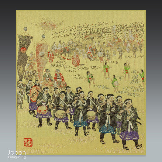 Elevate your space with the quiet elegance of Japanese tradition through this exquisite vintage silk tapestry - an Aya Nishijin-ori masterpiece - expertly woven and mounted on a classic shikishi art board. Glistening silk threads, delicate gold accents, and a richly hued palette draw the viewer in, making this a striking focal point for any interior and a true gem for admirers of fine Japanese craftsmanship.