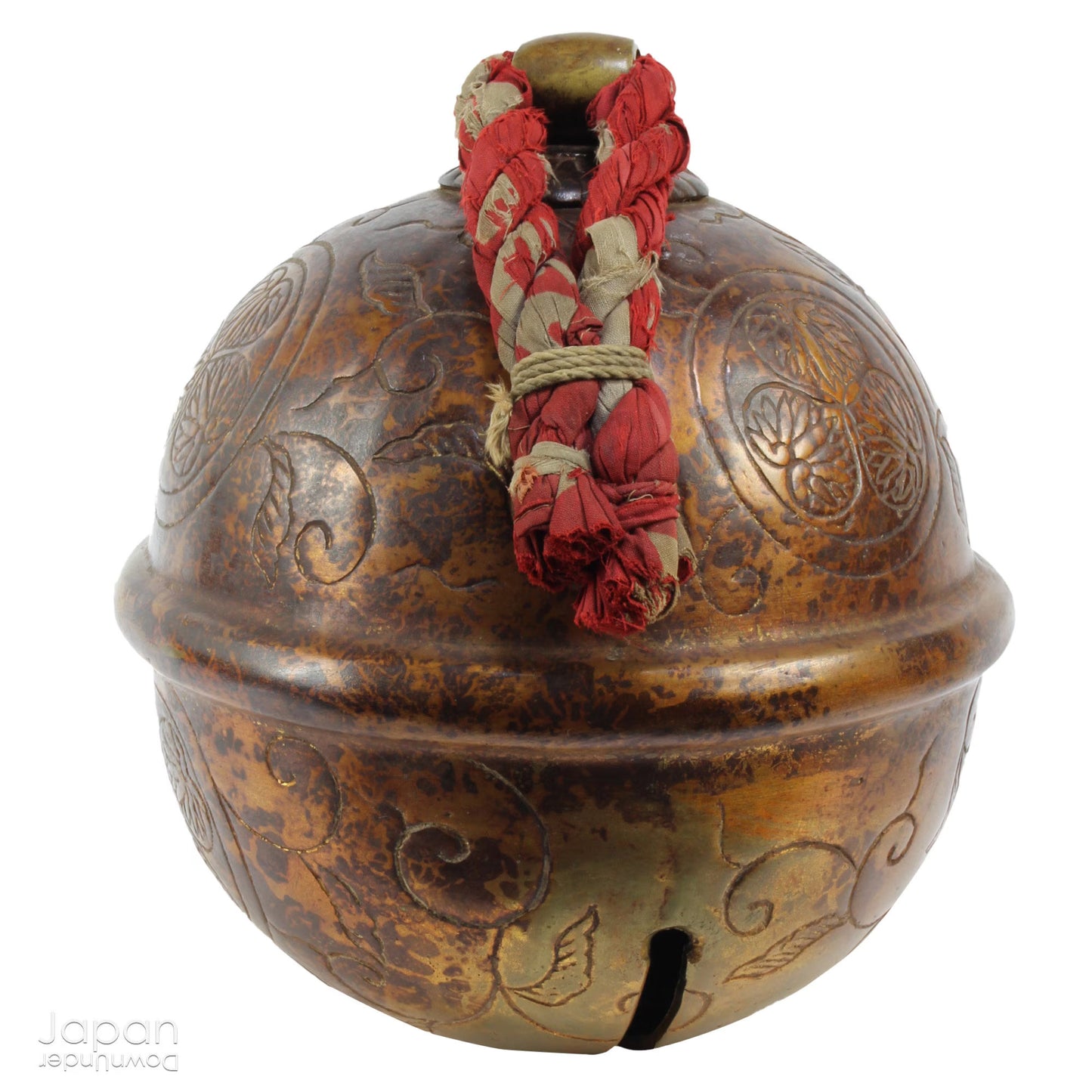 japanese antique decorative bronze bell with floral art - shinto shrine protection charm