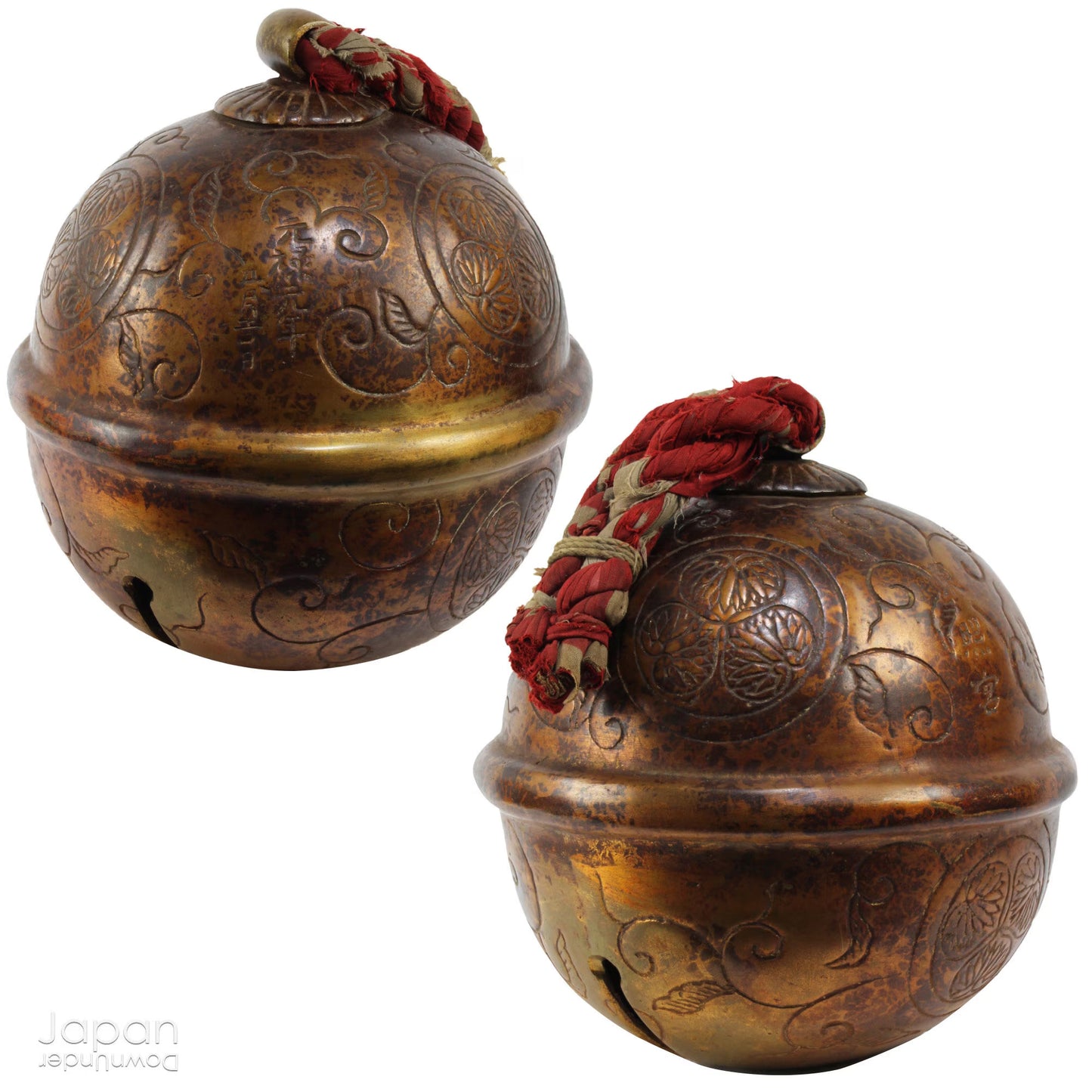 japanese antique decorative bronze bell with floral art - shinto shrine protection charm