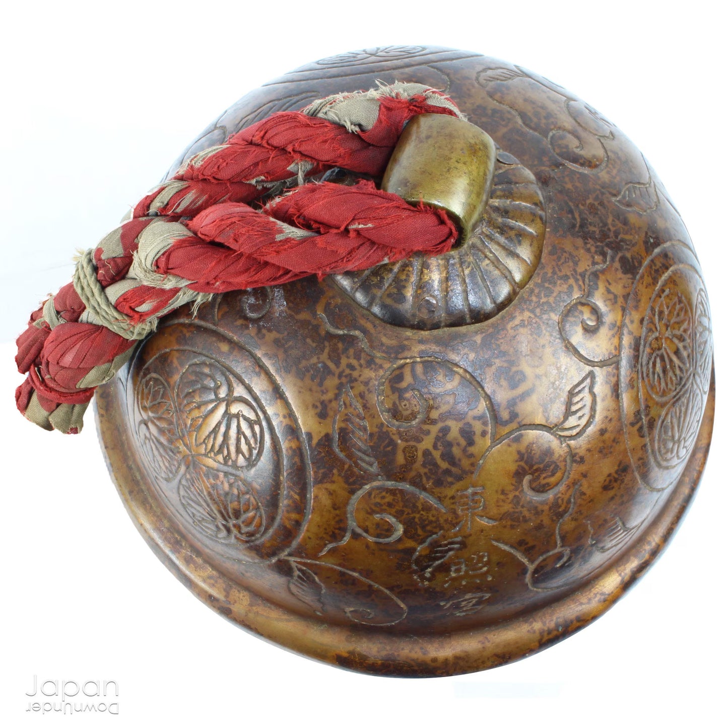 japanese antique decorative bronze bell with floral art - shinto shrine protection charm
