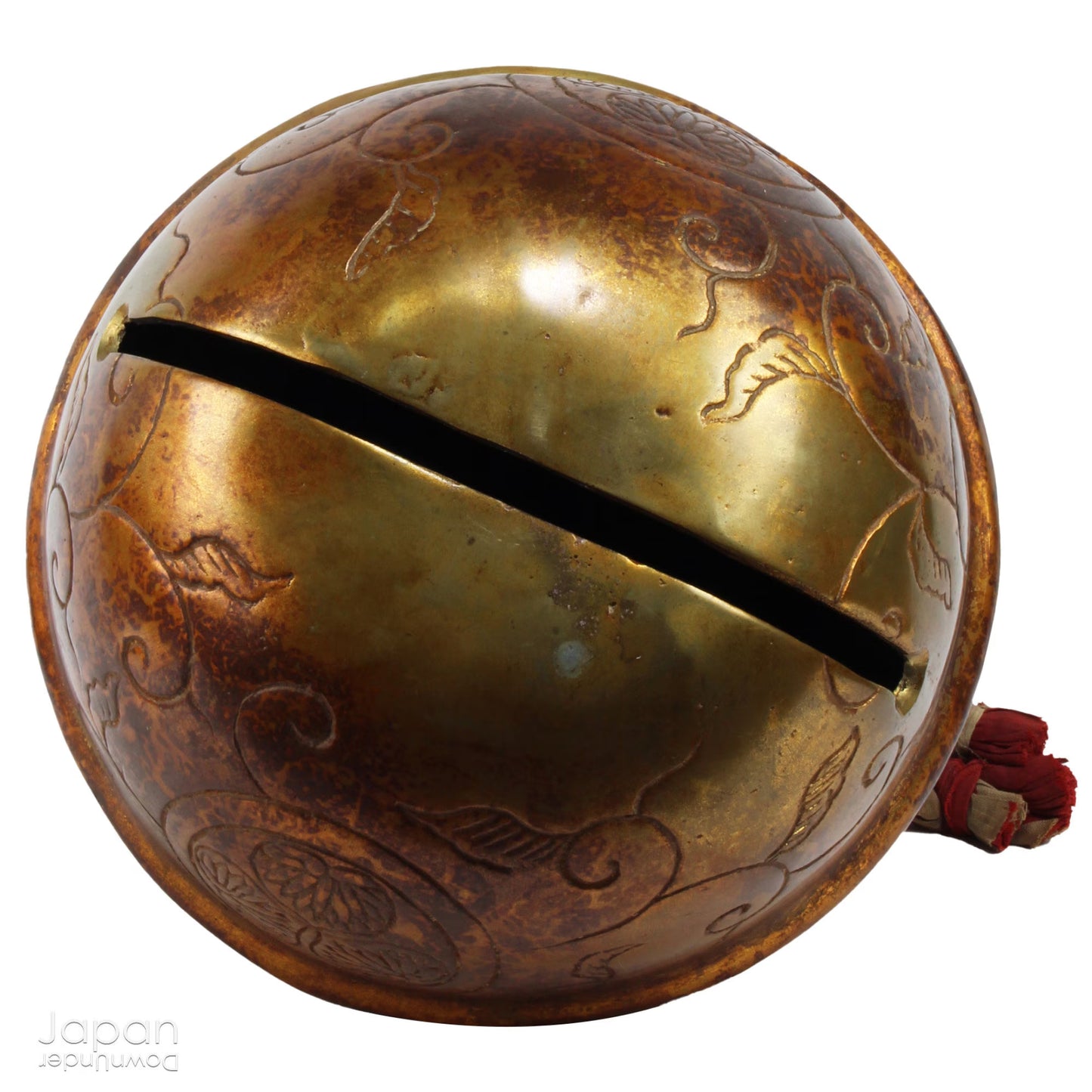 japanese antique decorative bronze bell with floral art - shinto shrine protection charm