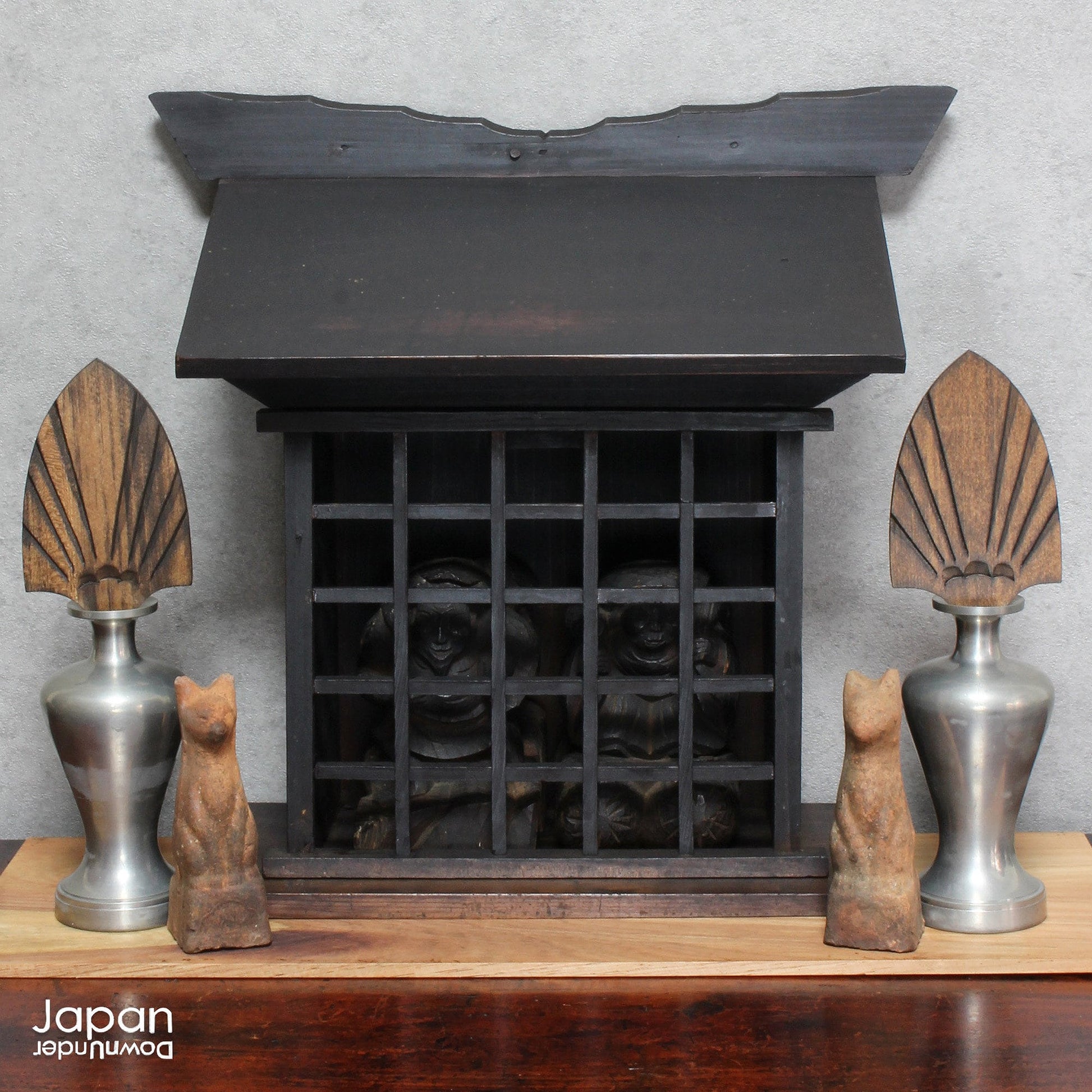 Bring a piece of history into your home with this 1900’s Shinto folk faith shrine, perfect for creating a sacred space on your own kamidana (god shelf) or within your home. This antique religious decor features the lucky gods, Ebisu and Daikoku.